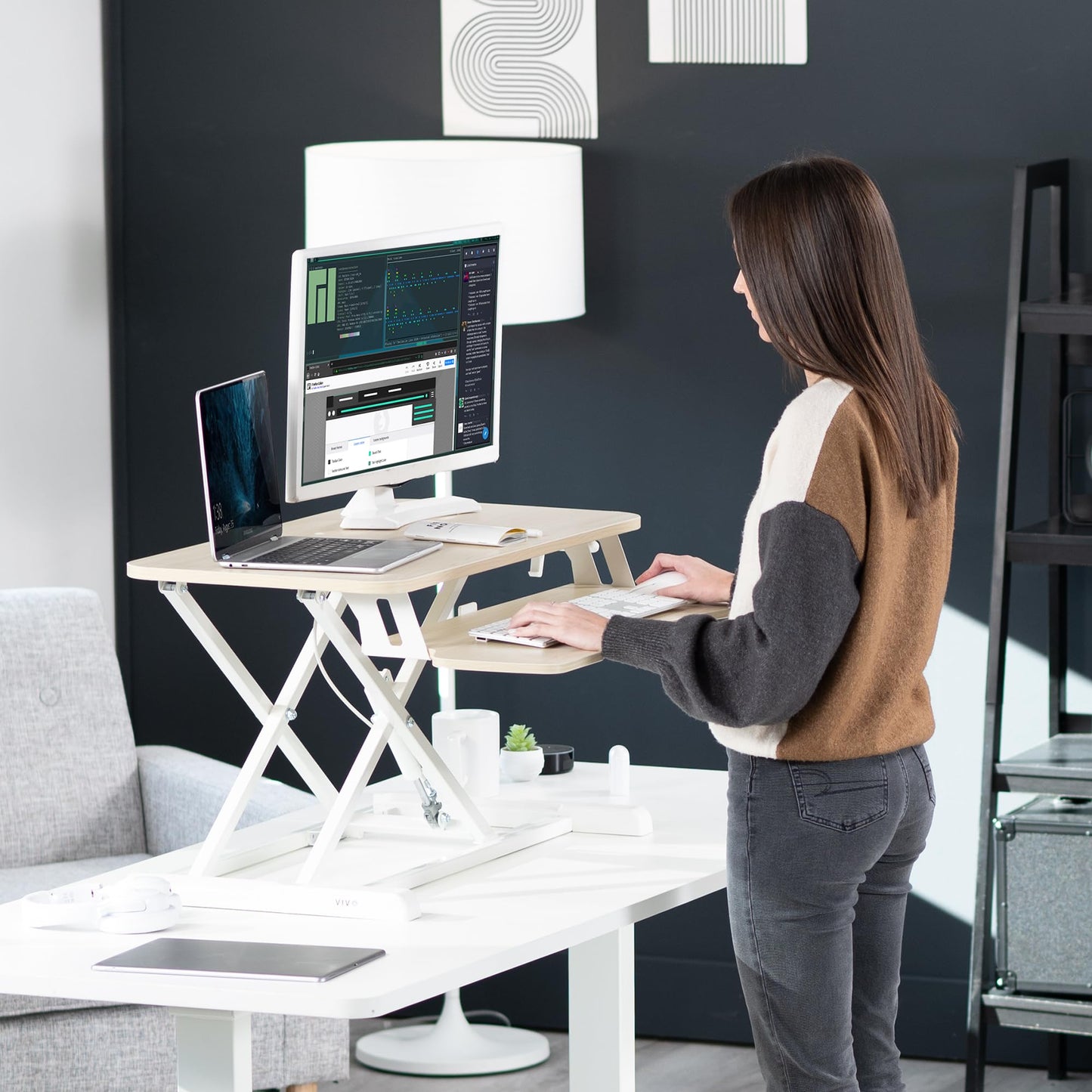 VIVO 32 inch Desk Converter, K Series, Height Adjustable Sit to Stand Riser, Dual Monitor and Laptop Workstation with Wide Keyboard Tray, Light Wood Top, White Frame, DESK-V000KF