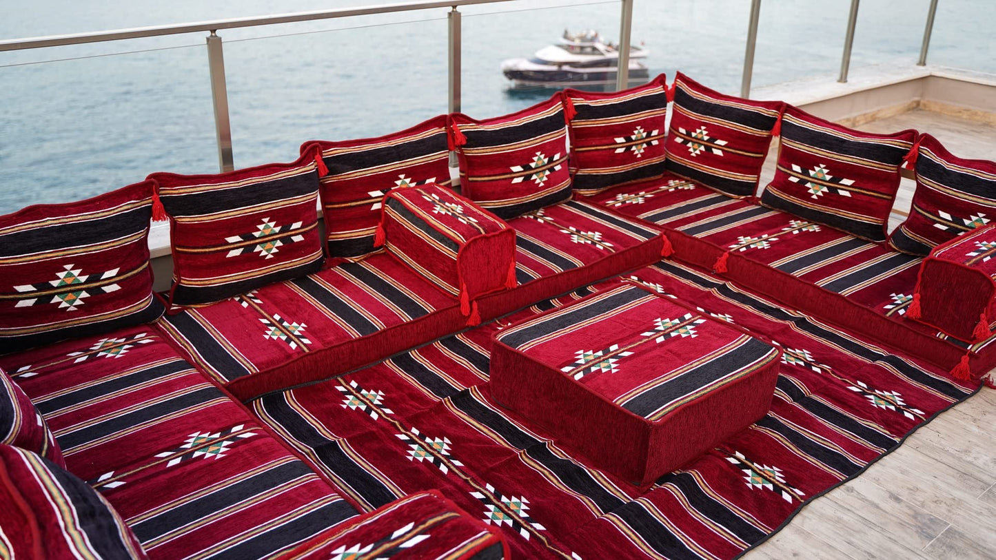 arabicsofa Maroon U Shaped Arabic Majlis – Traditional Middle Eastern Floor Seating