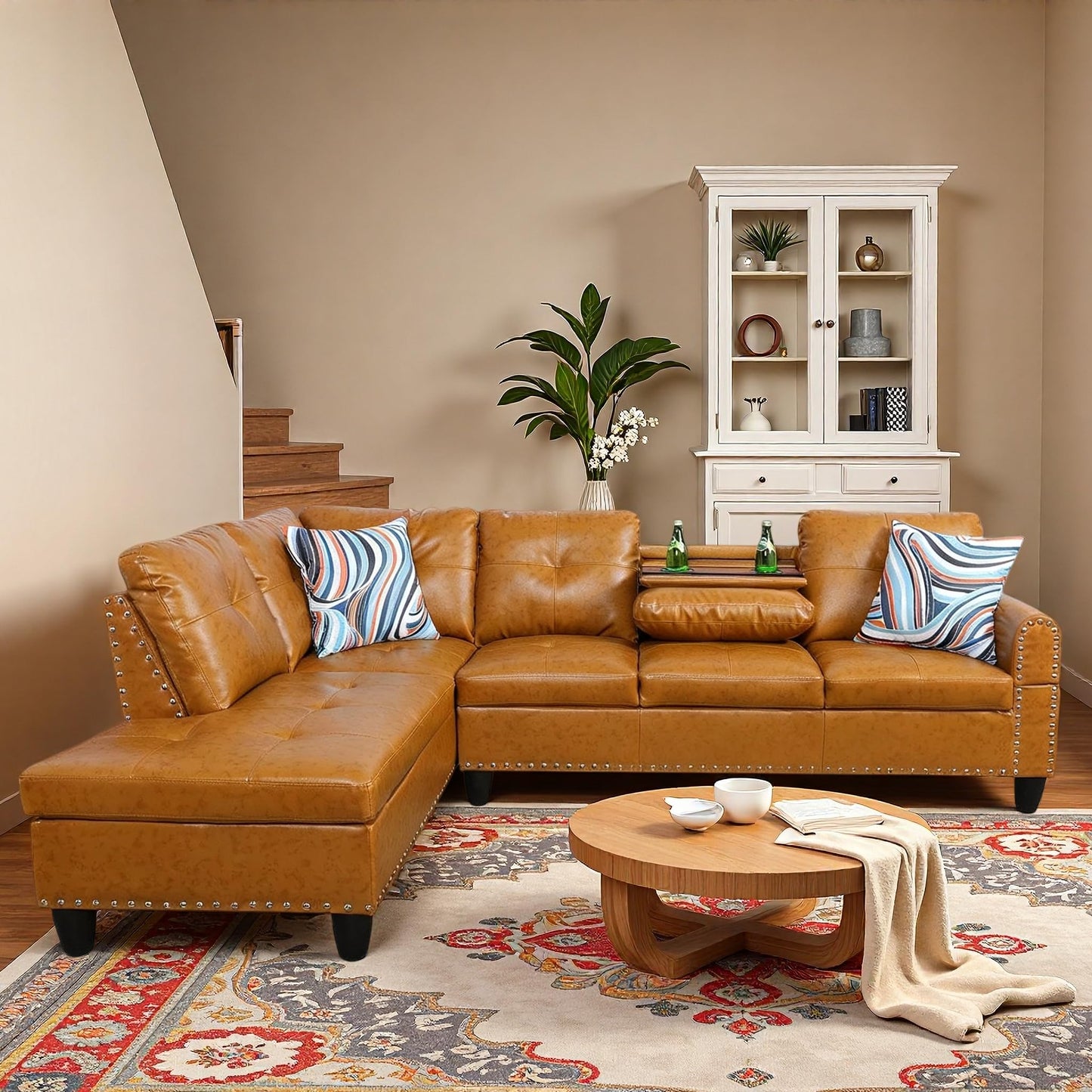 Trygoal L-Shaped Sectional Sofa, Modern 4-Seat Couch with Built-in Cup Holders, Leather Sectional Couch with Left Facing Chaise for Living Room, Apartment, Office, Ginger