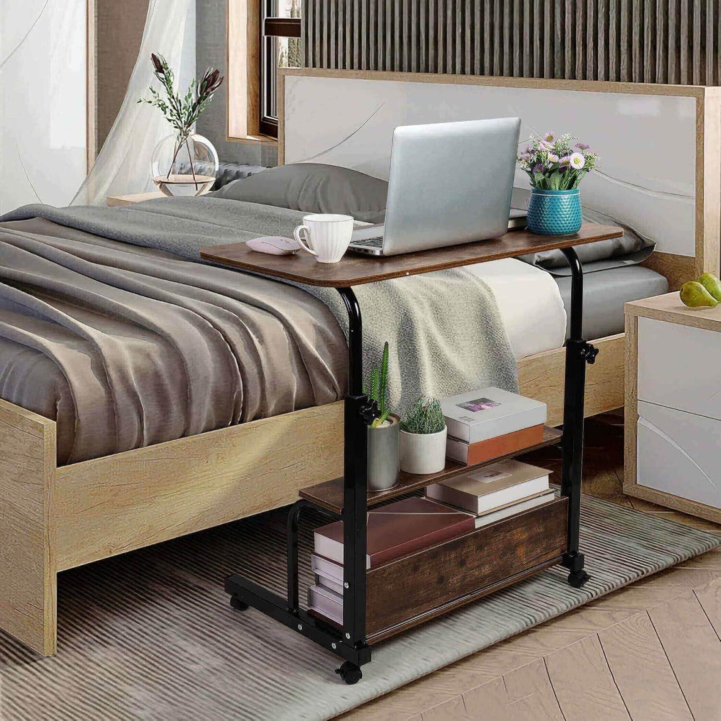 Adjustable Height Mobile Computer Desk for Small Space Rolling Writing with Wheels Corner Home Office Study Portable Desks Standing Desk Rolling Desk Mobile Laptop Table Size 31.5X15.7 Inch Brownish