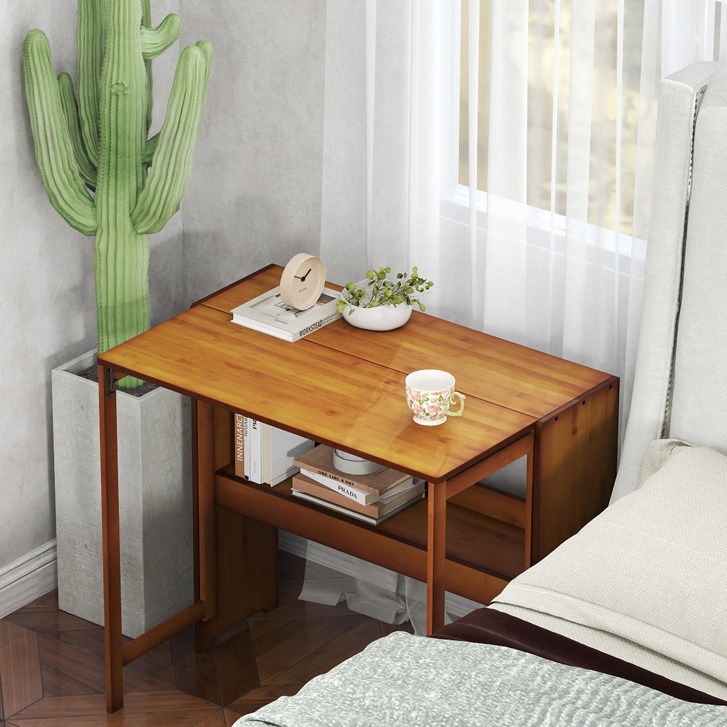 petour Wood Foldable Desk,Space Saving Foldable Table Bamboo Folding Desk Study Table with Bookshelf for Office Home Study Bedroom