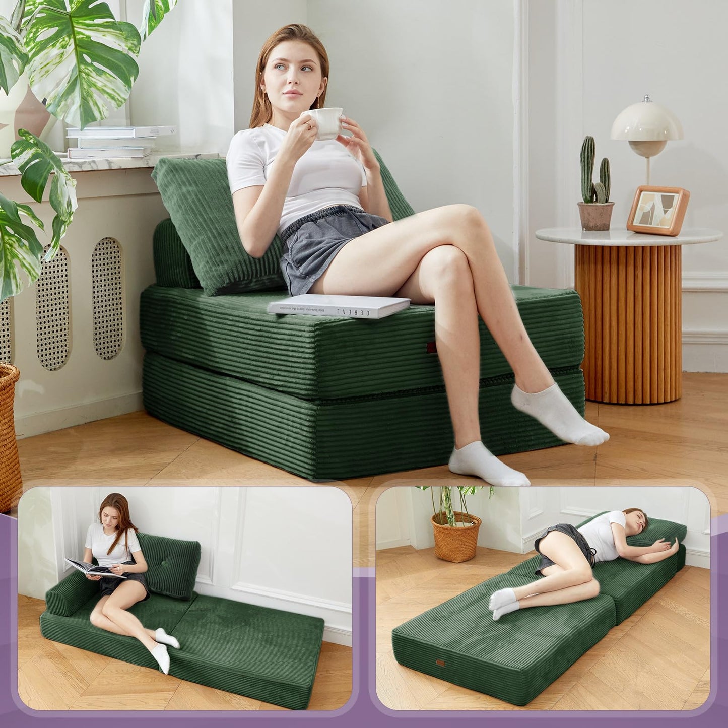 PIASHJOY Folding Sofa Bed,3-in-1 Convertible Sleeper Chair Corduroy High-Density Foam with Pillow,Fold Out Chair Bed,Foldable Single Futon Chair for Living Room、Hotel,Single, Emerald Green