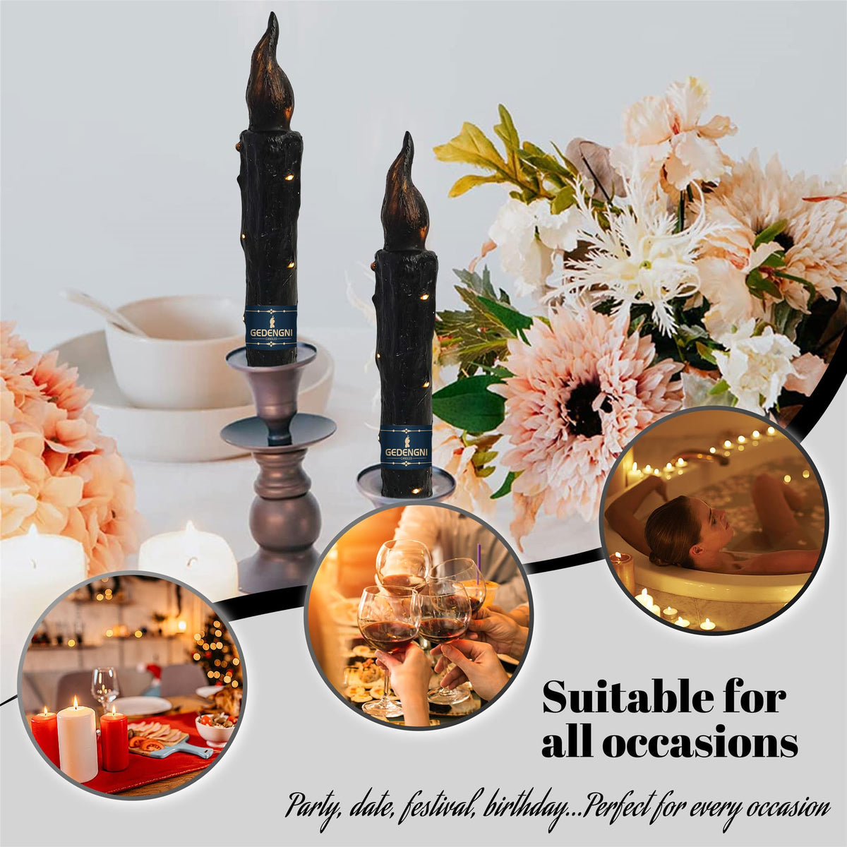 Gedengni Magical Candlesticks Flameless Taper Candle, 2pcs Black LED Tapered Candles Remote Dipped Candle 6inch Battery Chandelier for Enchanting Weddings and Harry Potter Inspired Vigils(LW2P-BA)