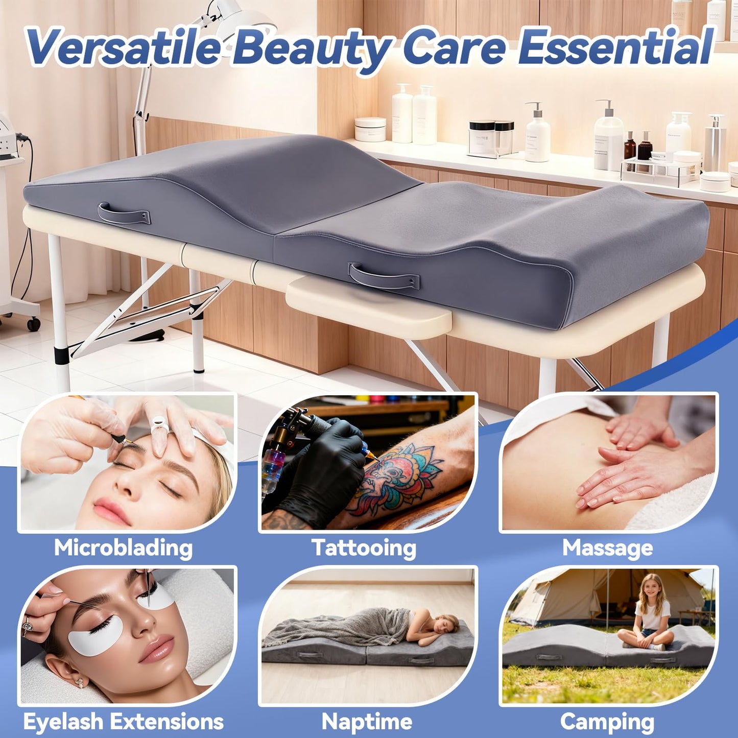 Citybay Lash Bed Topper – Ergonomic Curvy Massage Table Foam Topper, Non-Slip Esthetician Bed Cushion with Removable Washable Cover for Salon, Waxing, Eyelash, Spa, Tattoo, Facial, 71"x28"x7" (Grey)
