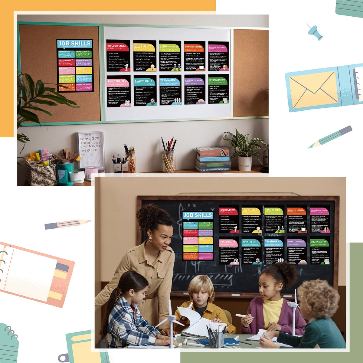 Fullhawl 11 Pcs Job Skills Posters Educational Bulletin Board Set for College School Classroom Decorations Essential Qualities Employers Seek Posters for Library Reading Corner Wall Supplies (Black)