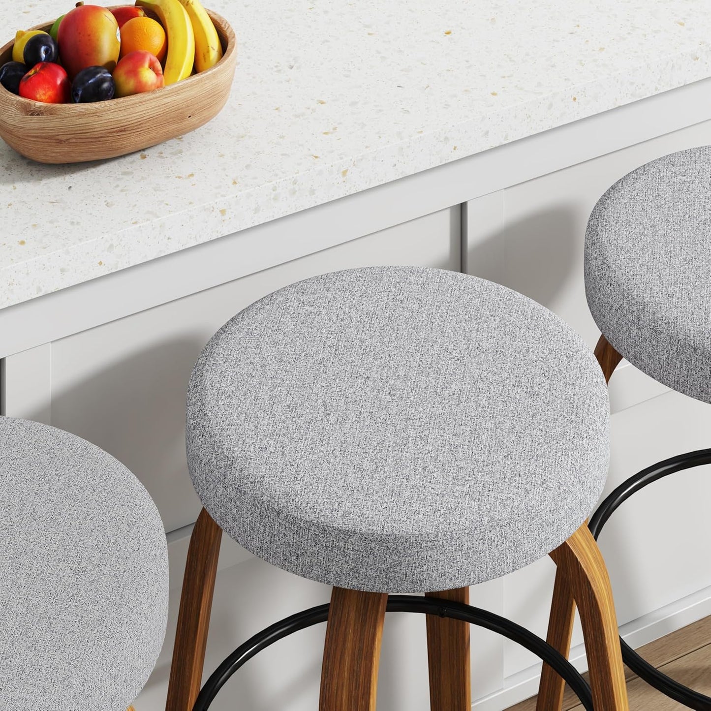 Set of 2 Swivel Bar Stools, 26'' Counter Height Backless Stools with Fabric Upholstered Seats and Sturdy Curved Wood Legs, Mid-Century Modern Design (Grey, 26 inch)