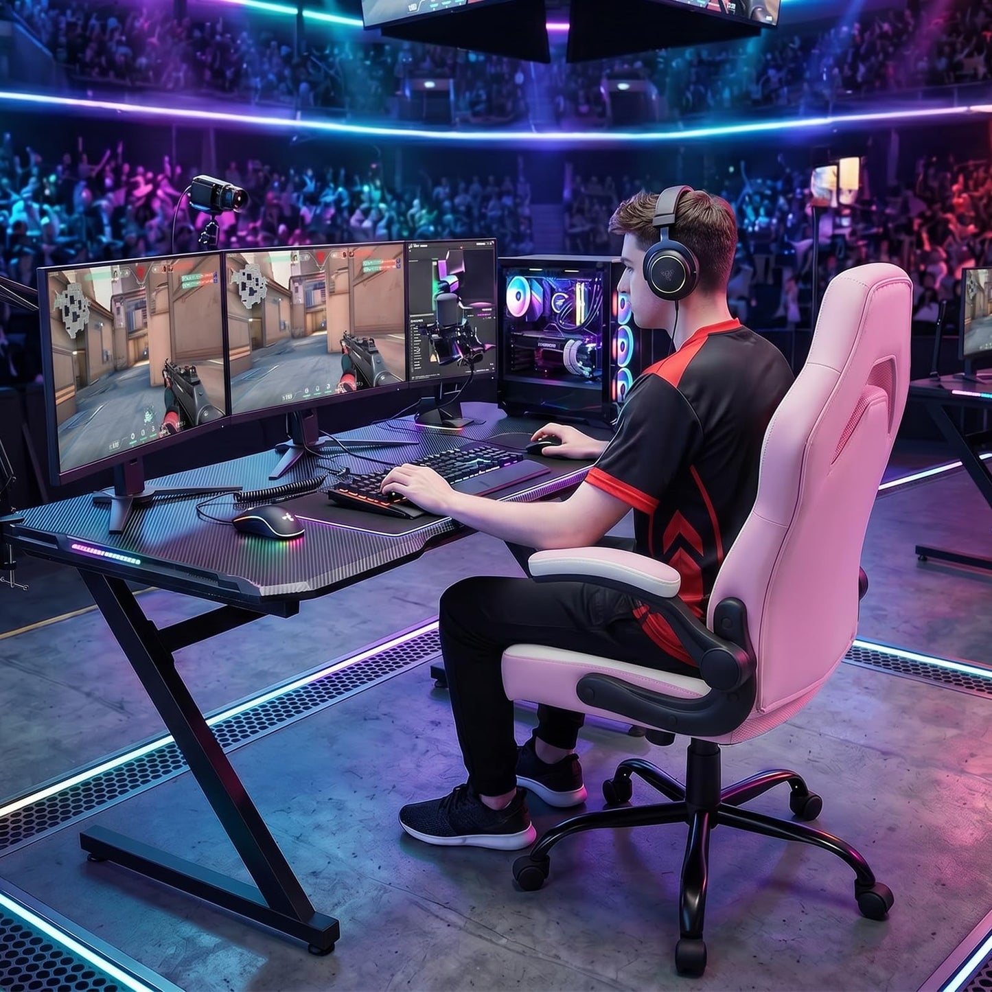Sweetcrispy Computer Video Game Desk Chair - Ergonomic Comfy Lumbar Support, PU Leather with Flip-up Armrest, Height Adjustable and 360° Swivel, for Adults, Pink