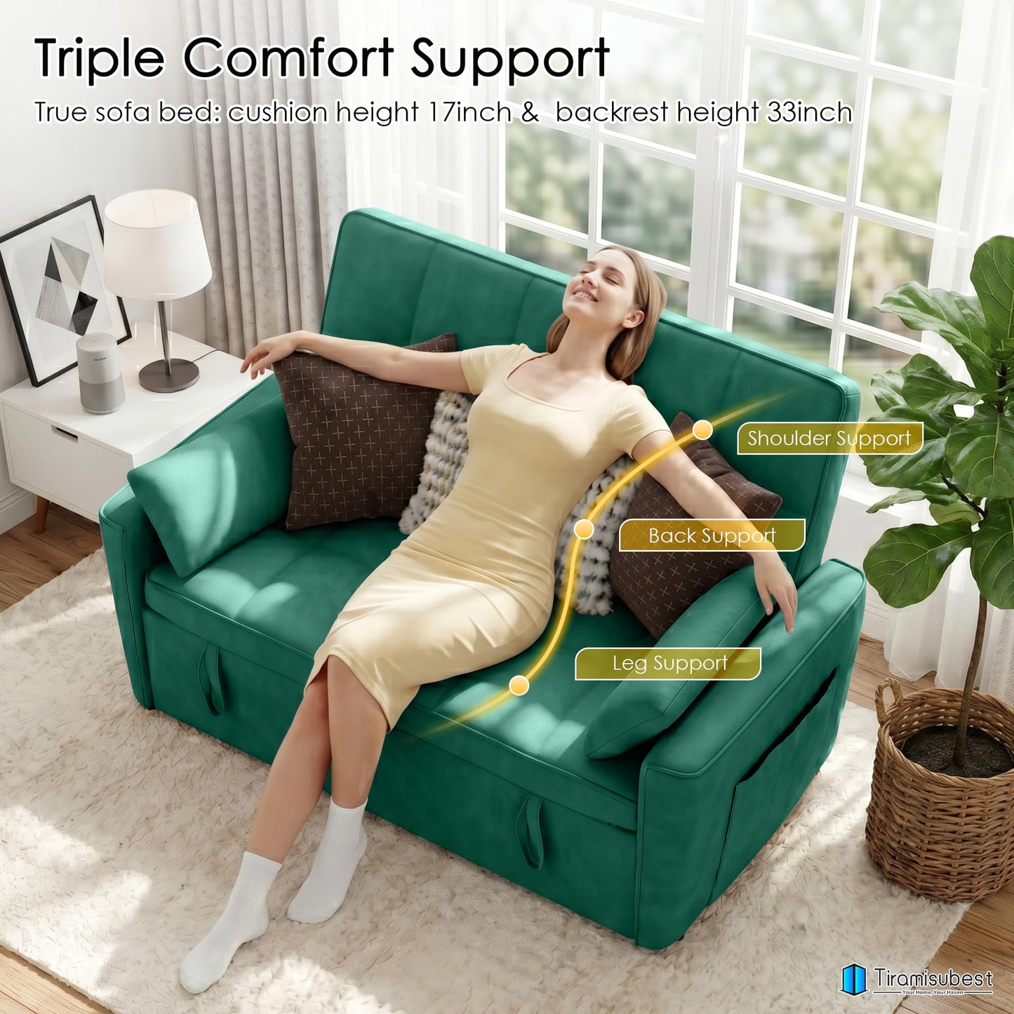 tiramisubest 54'' Sleeper Sofa Bed, Convertible Pull Out Couch Futon for for Living Room,Apartment (Green, Loveseat) Side Pockets, Velvet Fabric, Adjustable Backrest, Pull-Out Bed, Easy Assembly