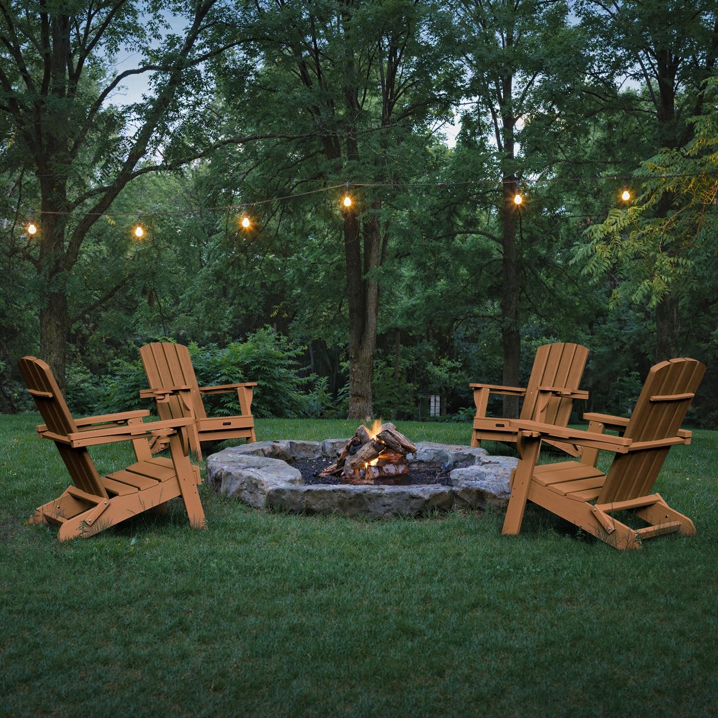 SUUNYN Folding Adirondack Chair, HDPE Adirondack Chairs with 2 Cup Holder, Plastic All-Weather Fire Pit Chairs, Outdoor Lawn Chair for Patio Garden (Teak)