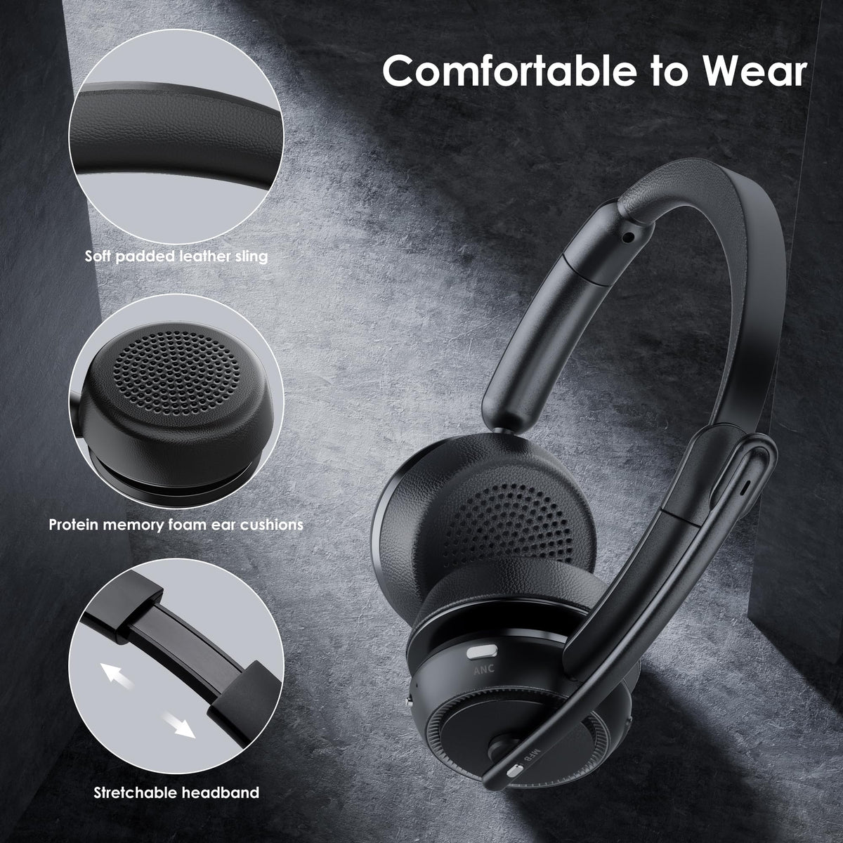 Upgrade ANC & ENC Headset with Microphone for PC, Wireless Headset with Mic for Work(Flip-to-Mute & USB Dongle), Bluetooth 5.4 Noise Cancelling Headphones with Mic for Call Center/Home/Computer/Phones