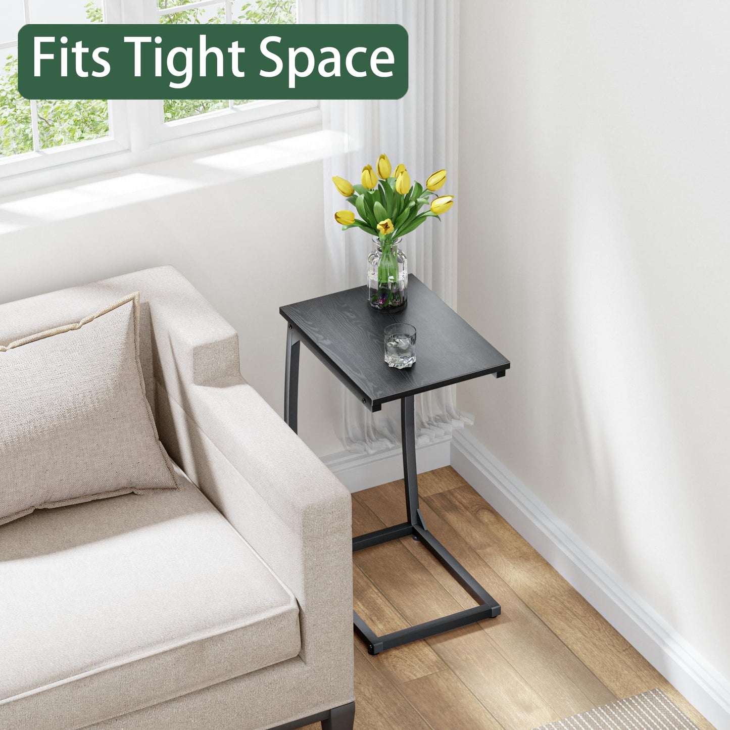 LAKEMID C Shaped End Table Set of 2,Side Table for Couch,Curved Support Legs, Slide Under Couch Table for Sofa, TV Tray Table for Living Room Bedroom(Black)