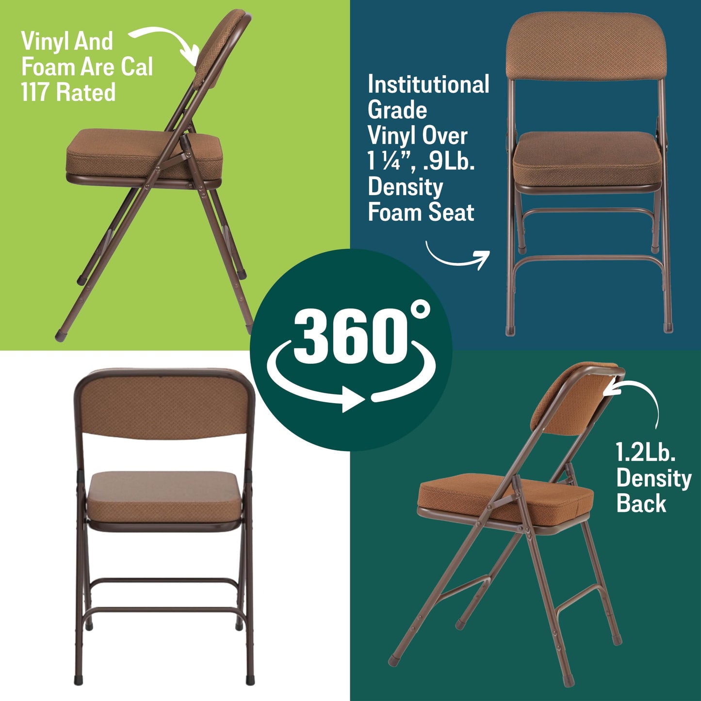 Premium Cushioned Portable Folding Chairs by National Public Seating – 3200 Series Upholstered, Heavy-Duty Foldable Chairs for Indoor & Outdoor Use – Set of 2, Comfortable & Durable, Gold with Brown Frame