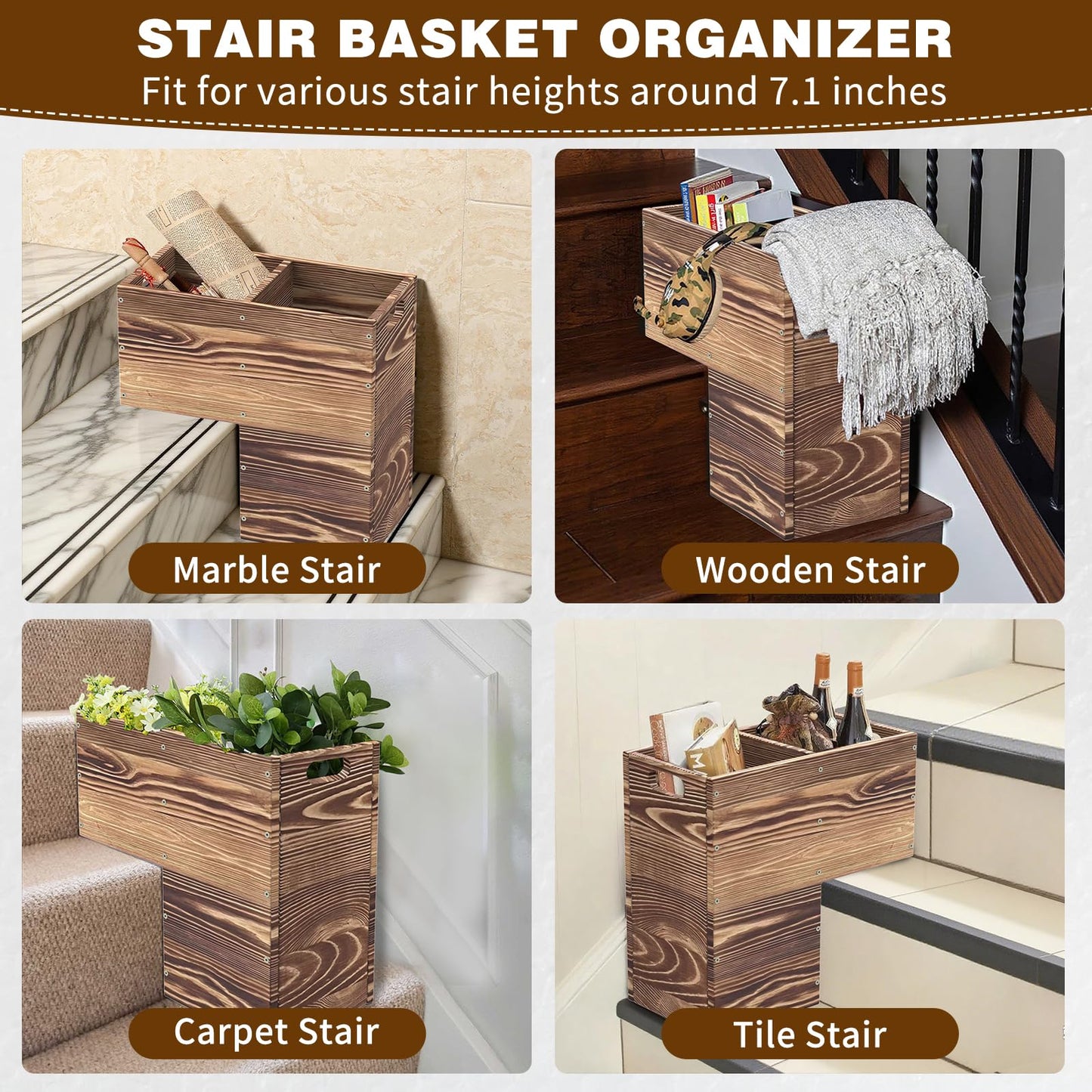 THOOUM Wooden Stair Basket with Handles, 235mm Wide Staircase Basket Organizer for Carpeted & Wooden Stairs