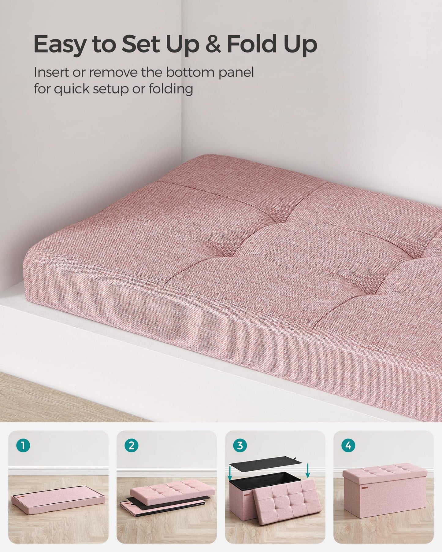 SONGMICS Mazie Collection - 30 Inches Folding Storage Ottoman Bench, Ottoman Foot Rest, End of Bed Bench, Storage Chest, Load 660 lb, for Living Room, Bedroom, Entryway, Jelly Pink ULSF047R11