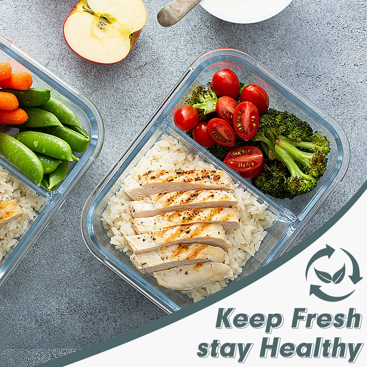 VERONES 10 Pack Glass Meal Prep Containers 2 Compartment Set, 30 OZ Airtight Glass Lunch Containers, Glass Food Storage Containers with Lids, for Microwave, Oven, Freezer & Dishwasher Friendly,Grey