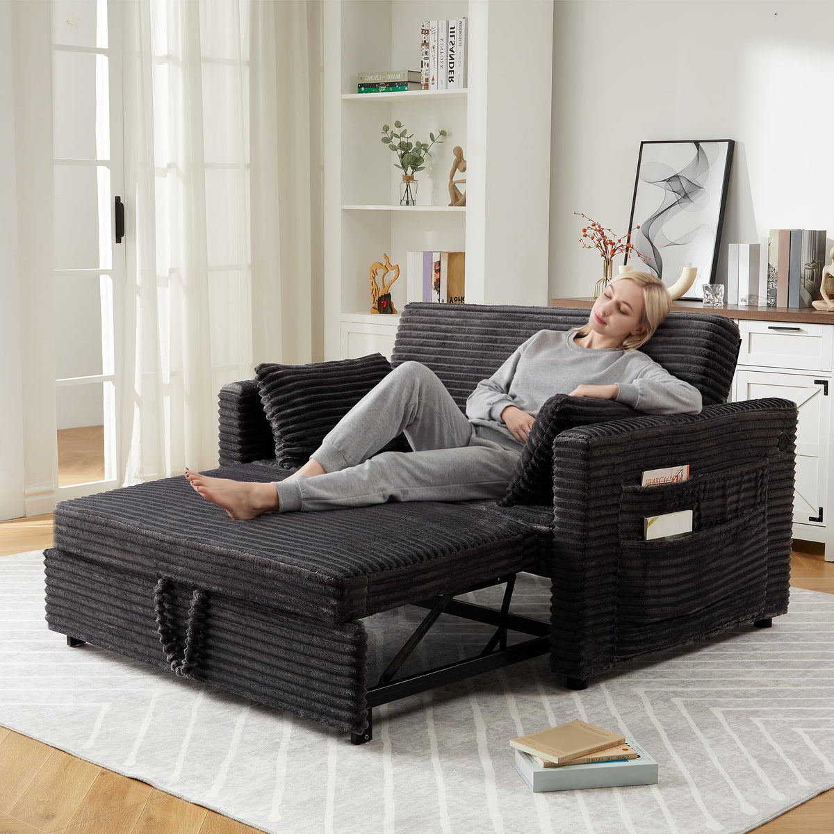 Garvee Futon Sofa Bed, 55'' Loveseat Corduroy Convertible Sleeper Sofa with Pull Out Couch and Adjustable Backrest, 2 Charging Stations, Side Pockets for Living Room, Apartment, Office, Dark Grey