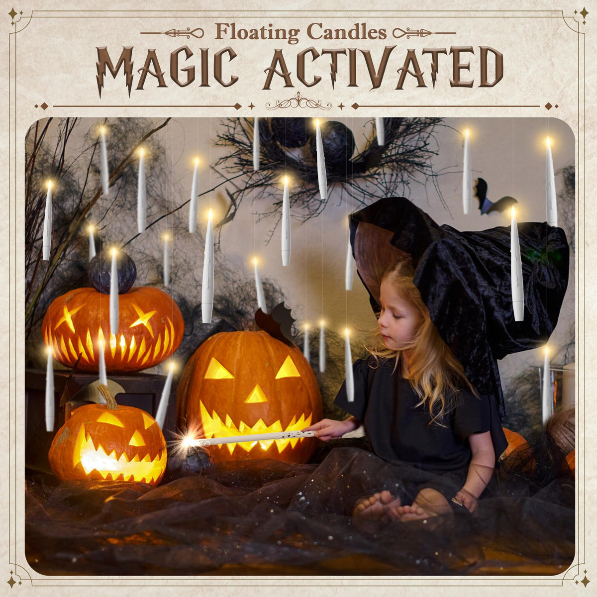 JOIONE Floating Candles with Wand, 20 Pack Hanging Candles with Magic Wand Remote, Battery Powered Floating Candles with 2 Wand, Flameless Magic Hanging Taper Candles for Xmas Halloween Decor, White
