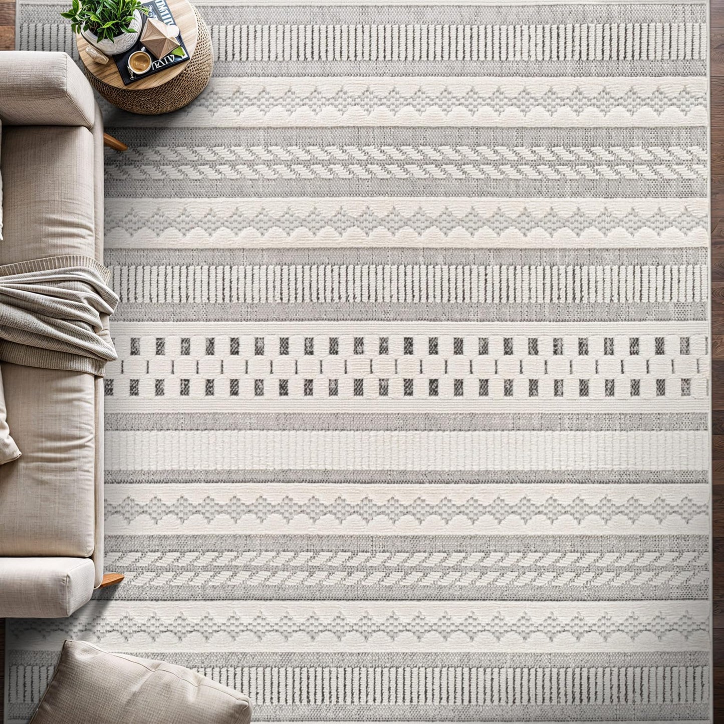 Beverly Rug Micro Loop Area Rug Gray/White 5x7 Geometric Modern Scandinavian Striped Durable Soft Indoor Rugs for Living Dining Room Office Stain Resistant Non Shedding Casual Indoor Carpet 5 x 7