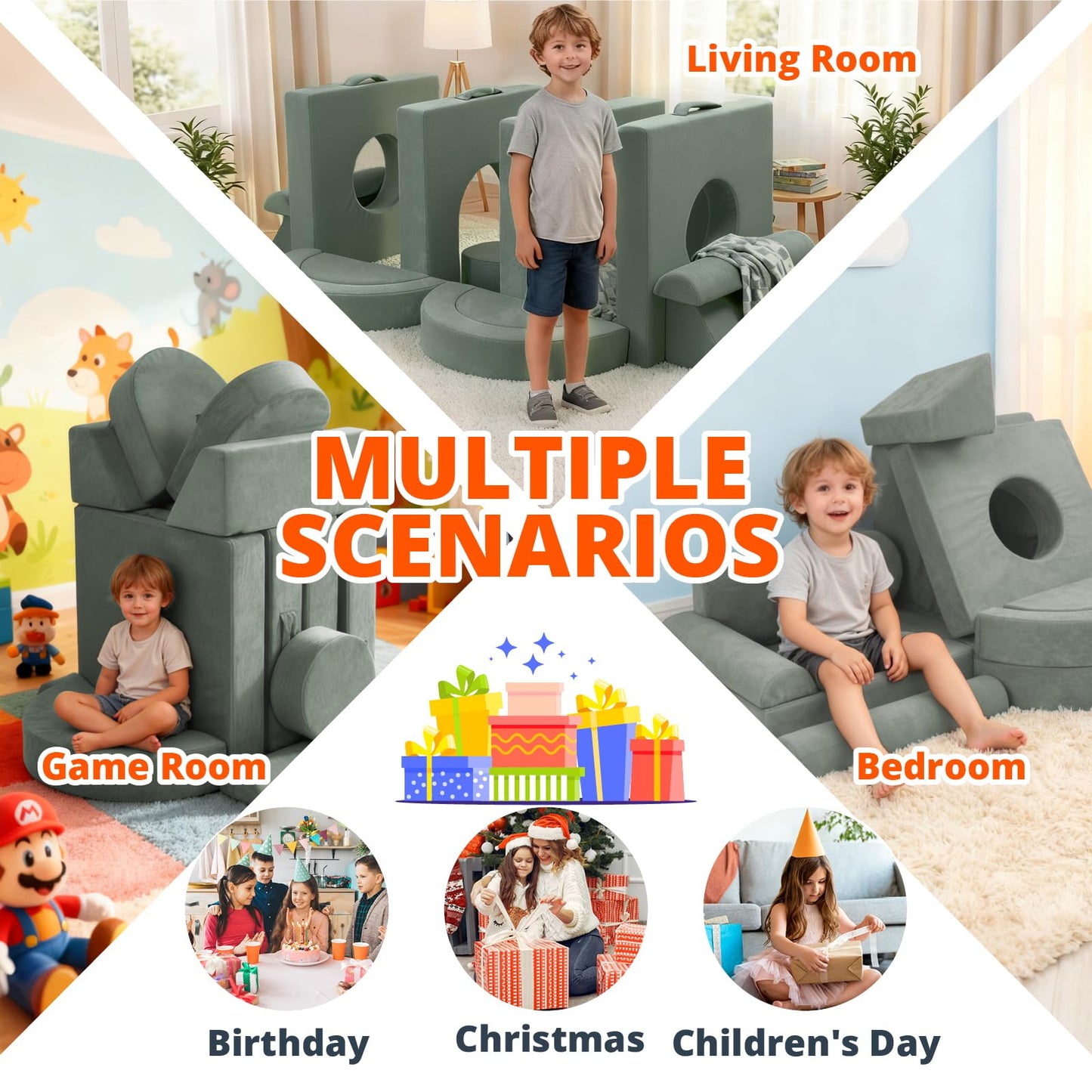 Fvkind Modular Kids Play Couch 16pcs, Toddler Couch for Playroom, Bedroom, Toddler Modular Play Sofa, Kids Sofa Building Fort with Convertible Foam Cushion for Boys and Girls, Green