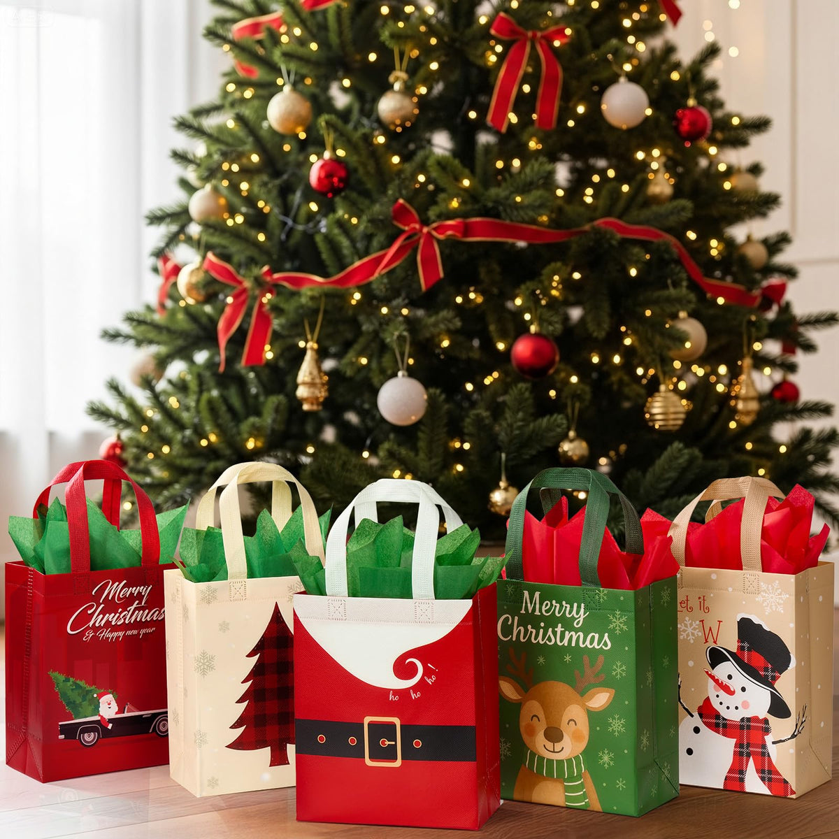 STYPOP 24 Pack 10" Christmas Gift Bags Medium Size with Tissue Paper, Reusable Non-Woven Christmas Tote Bags with Handles, Perfect for Xmas Gift Wrap/Party Favor Supplies, 10" Ć 8" Ć 4"