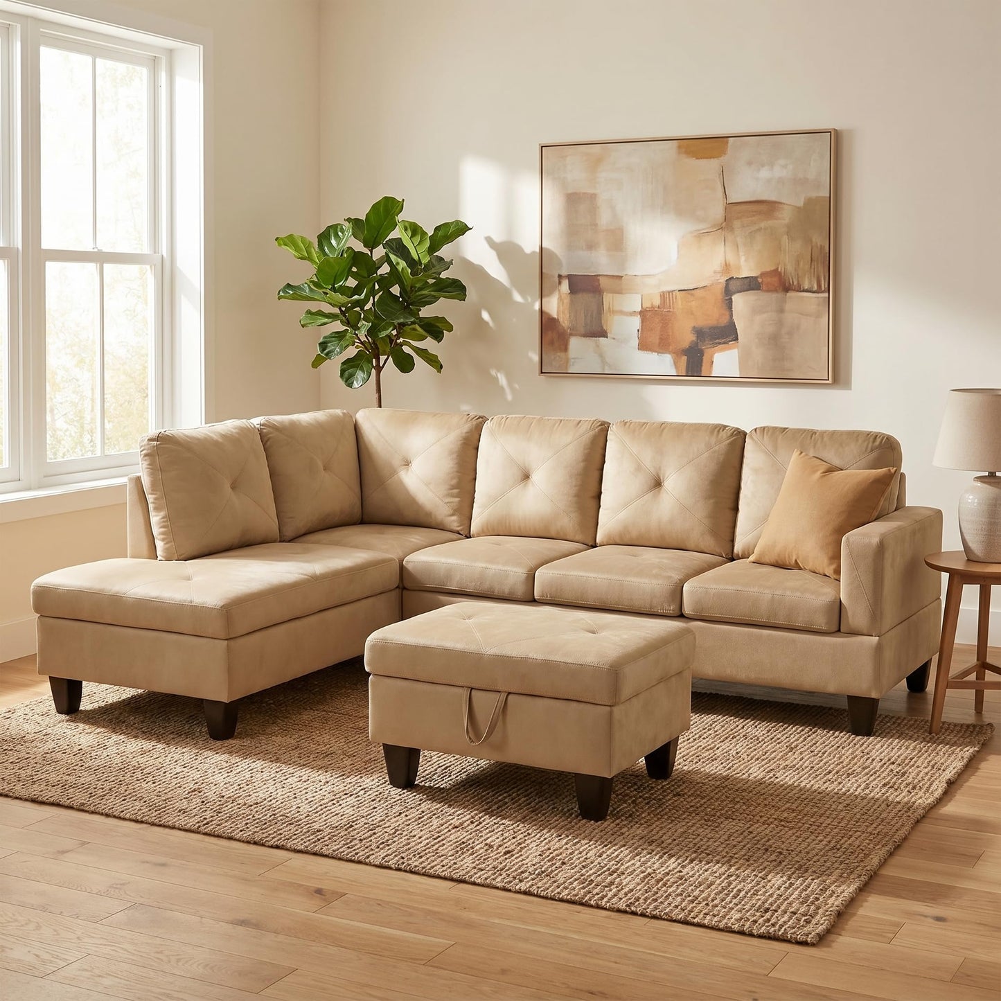 Trygoal 3-Piece L-Shaped Modular Leather Sofa – Convertible Sectional Couch with Movable Chaise & Storage Ottoman, Multi-Scene Use for Living Room, Apartment & Office, Beige