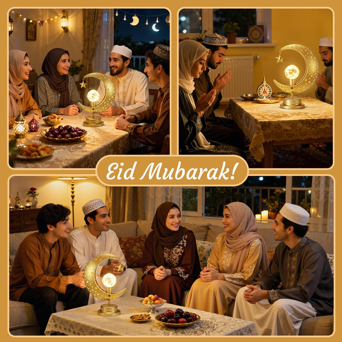 Lewondr Ramadan Moon Lamp, Crescent Moon with Star Table Lamp, Battery Powered Ramadan Desk Lamp Decorations Crescent Table Light Bedside Night Stand Desktop Living Room Home Decor, Eid Mubarak Decor