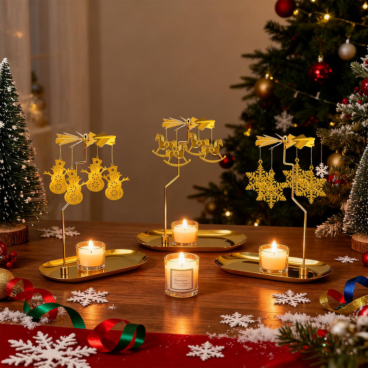Oiiyee Carousel Candle Holder - Spinning Rotary Holder with Tray for Jar Candles Scented and Tea Lights, Unique Home Decor Gifts for Christmas Party, Valentine's Decor, Table Centerpiece(Snowman)