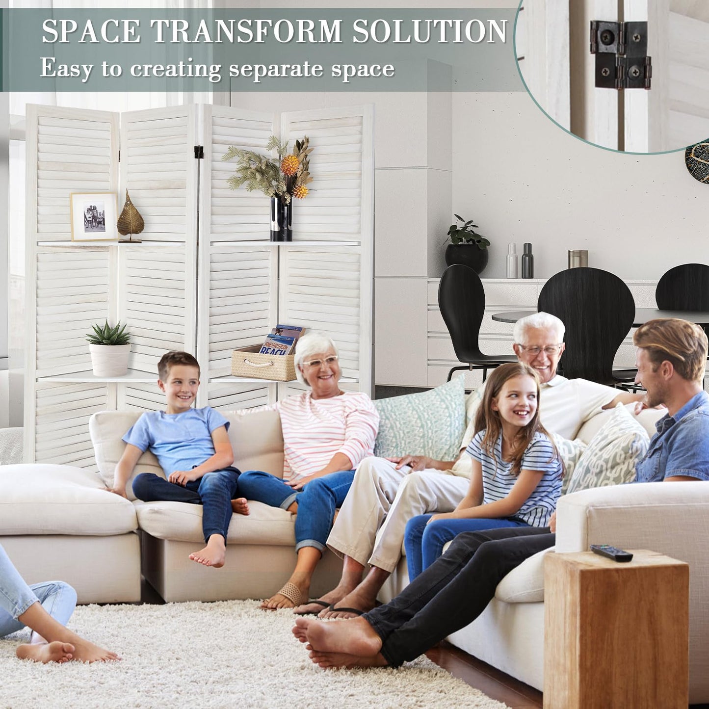 ECOMEX Room Divider with Shelves, 4 Panel White Room Divider, Room Dividers and Folding Privacy Screens, Portable Wooden Room Dividers and Partitions for Bedroom, Home Office, Studio (Warm White)