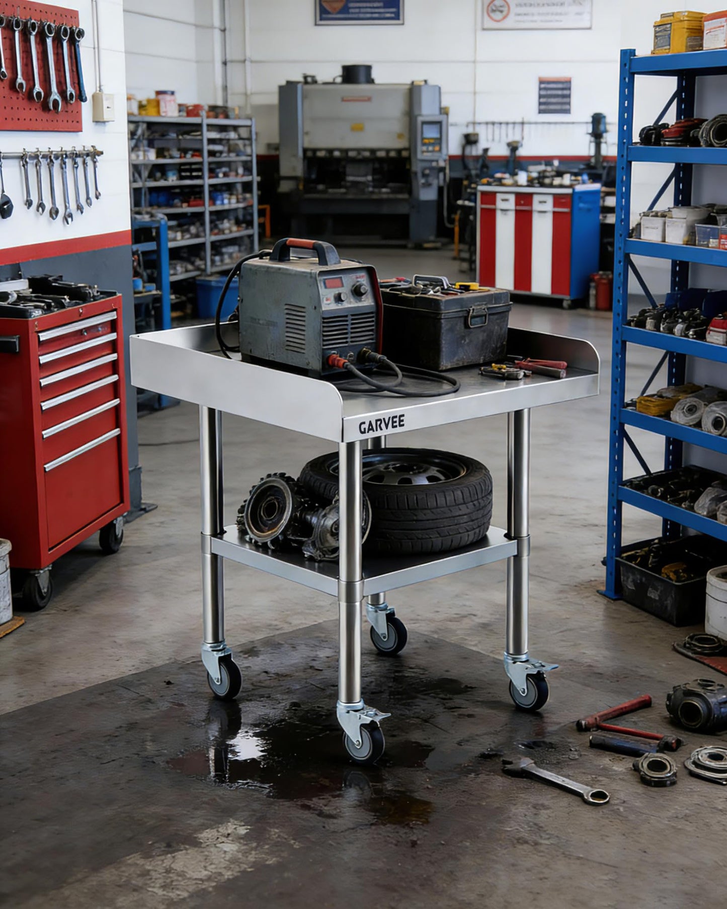 Stainless Steel Work Table 24x24 Inch with Wheels & 3-Sided Backsplash, Heavy Duty Commercial Prep Table, Adjustable Shelves, 4 Casters (2 Locking) for Kitchen, Restaurant, Home, Hotel