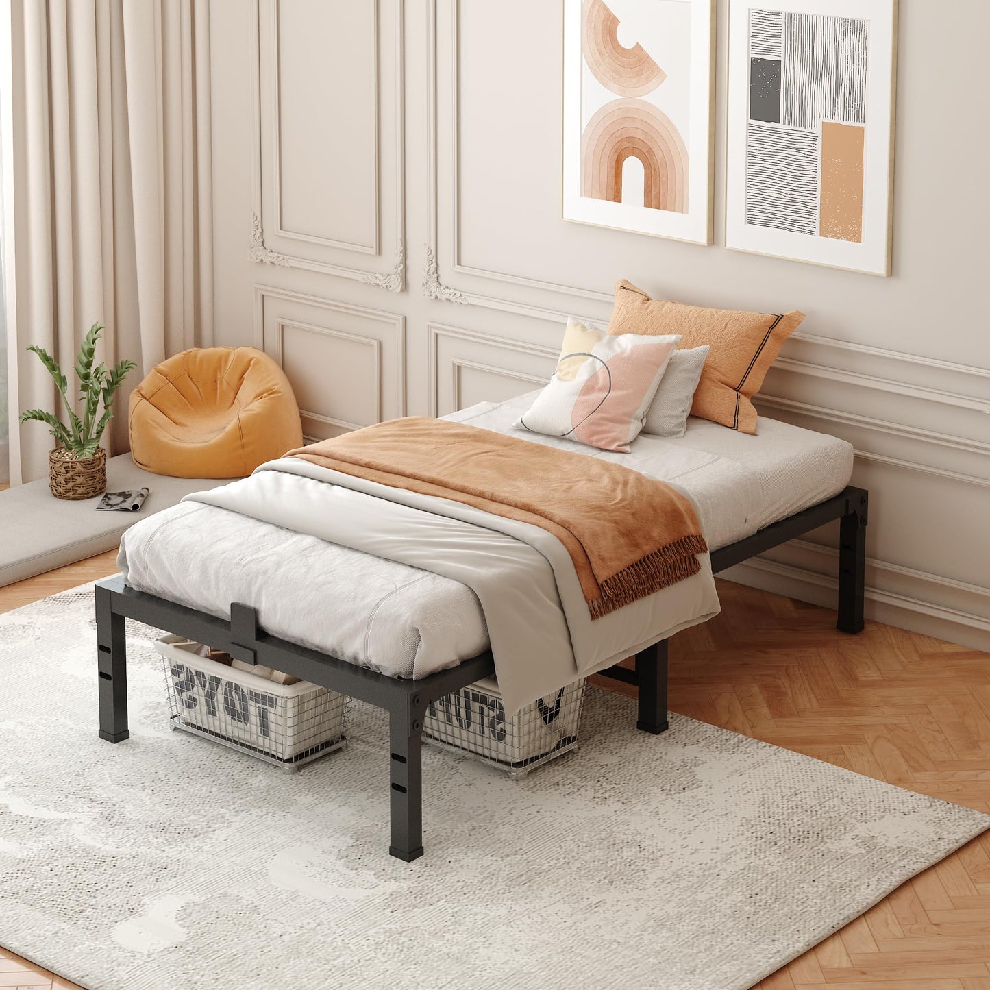 FUIOBYVV Twin Bed Frames,16 Inch Heavy Duty Metal Platform Bed Frame Twin Size Support Up to 3500 lbs,No Box Spring Needed,Headboard Compatible,Steel Slat Support,Noise Free,Easy Assembly