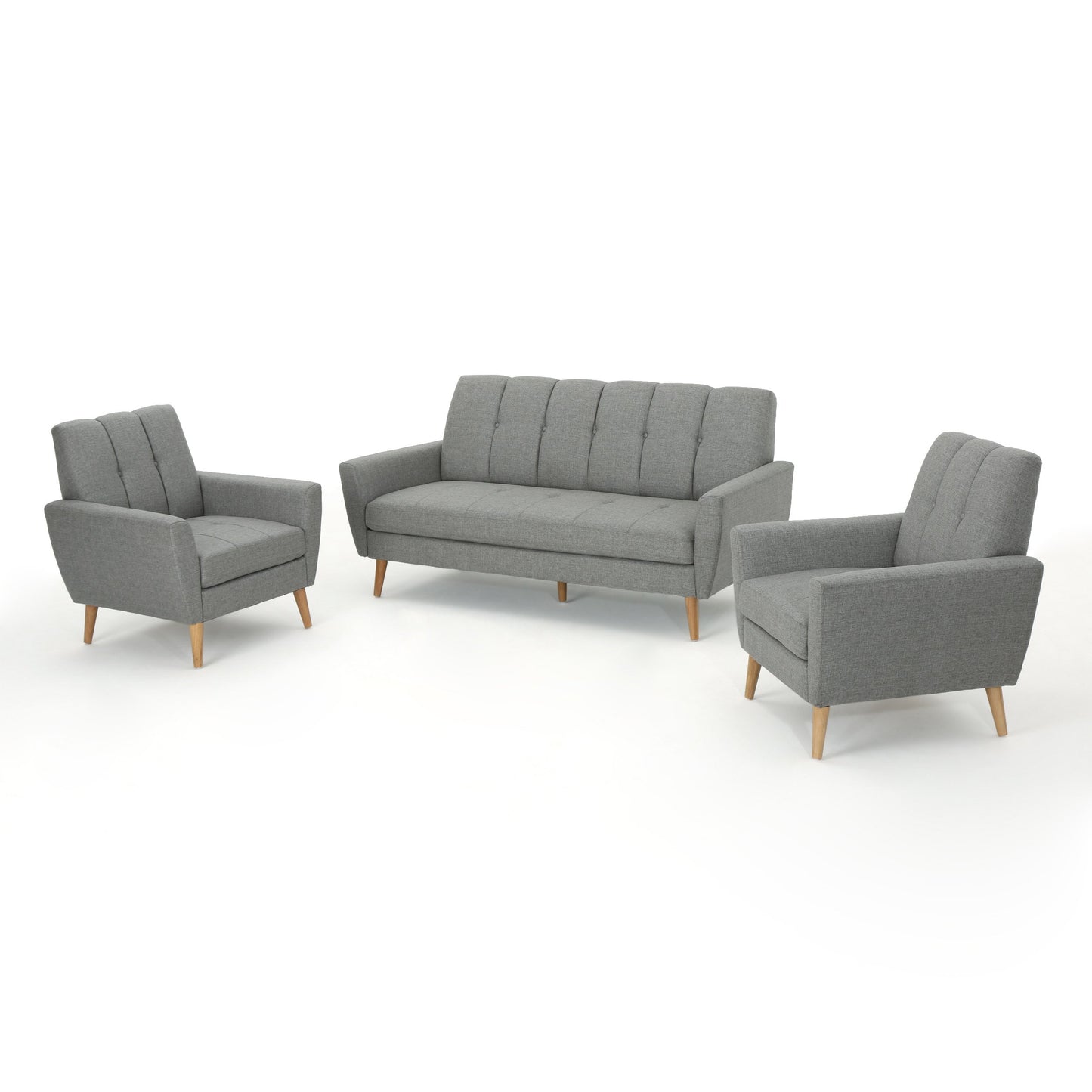 Christopher Knight Home Treston Mid-Century Fabric Sofa Chat Set, 3-Pcs Set, Grey / Natural