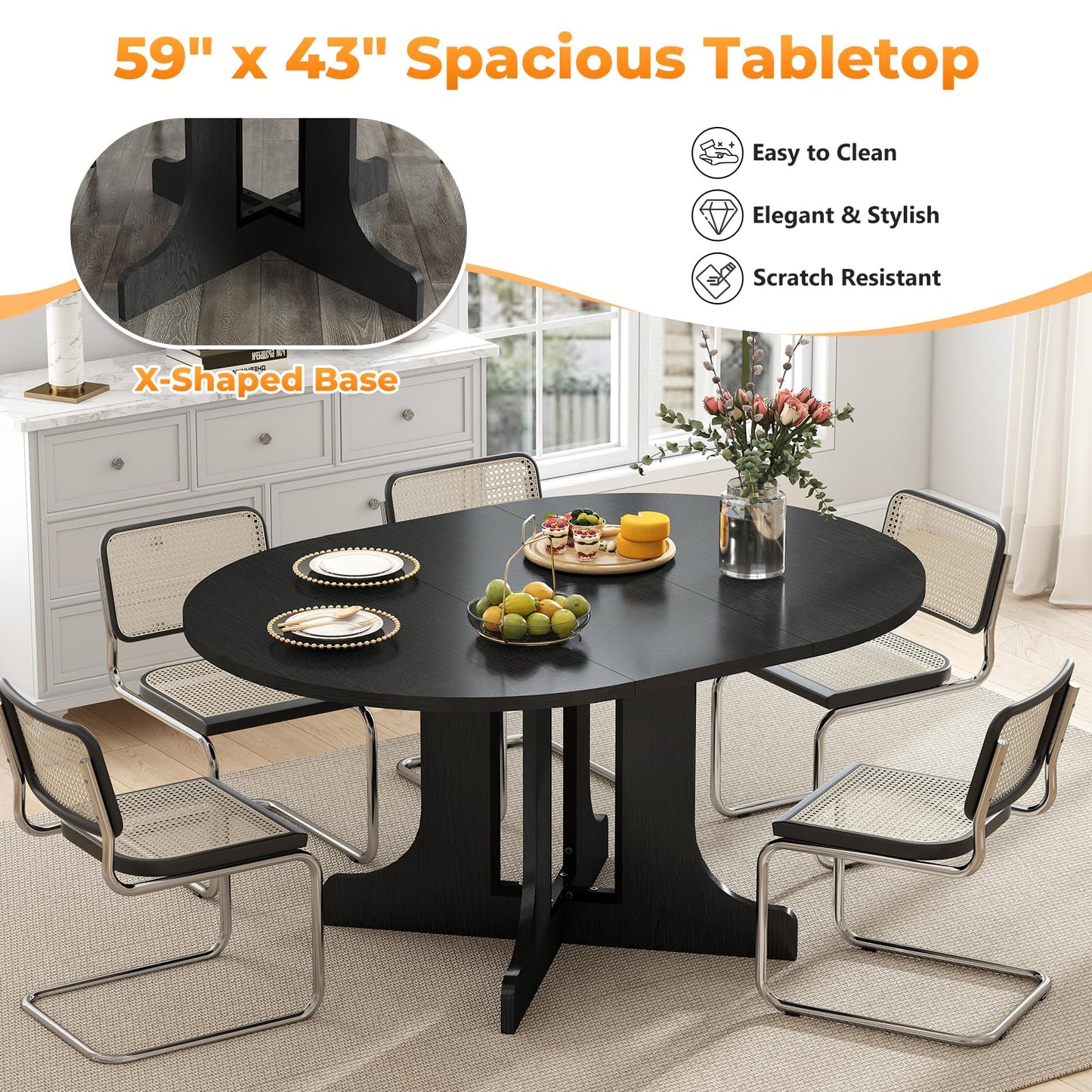 Zevemomo 43"-59" Round Expandable Dining Table, Extendable Dining Room Table for 4-6, Oval Tabletop with Wood Base Removable Leaf, Modern Black Circle Dinner Table for Kitchen Room Living Room
