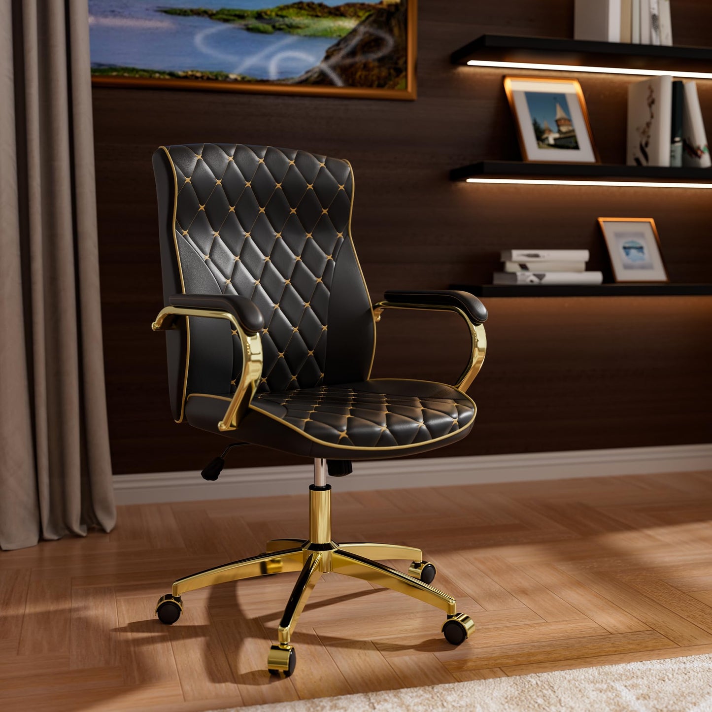 HomeZeer Black and Gold Office Chair with Soft Leather Embroidery, Mid Back Vintage Swivel Executive Desk Chair with Wheels and Padded Arms, Adjustable Height