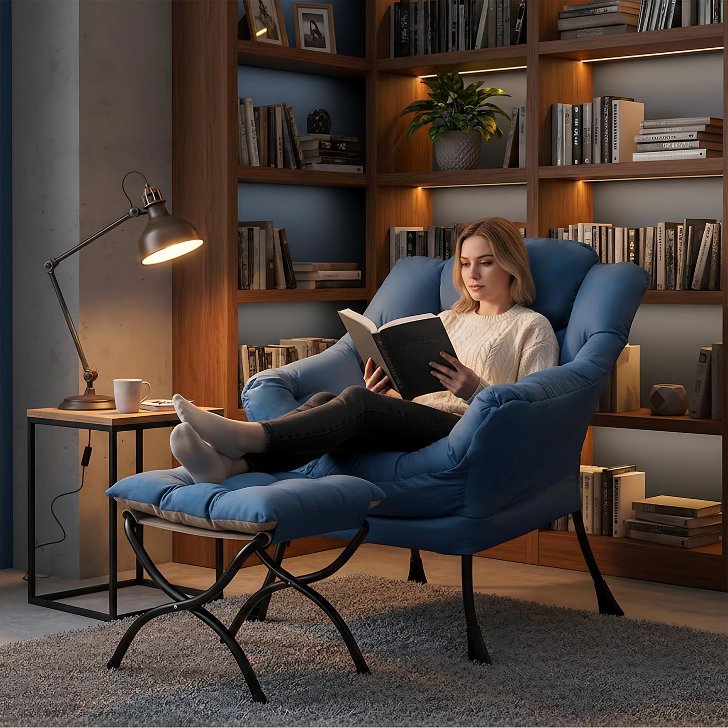 Furlide Lazy Chair with Ottoman, Modern Lounge Chair with Lumbar Pillow, Accent Cozy Reading Armchair and Folding Footstool for Bedroom, Dorm, Living Room,Peacock Blue