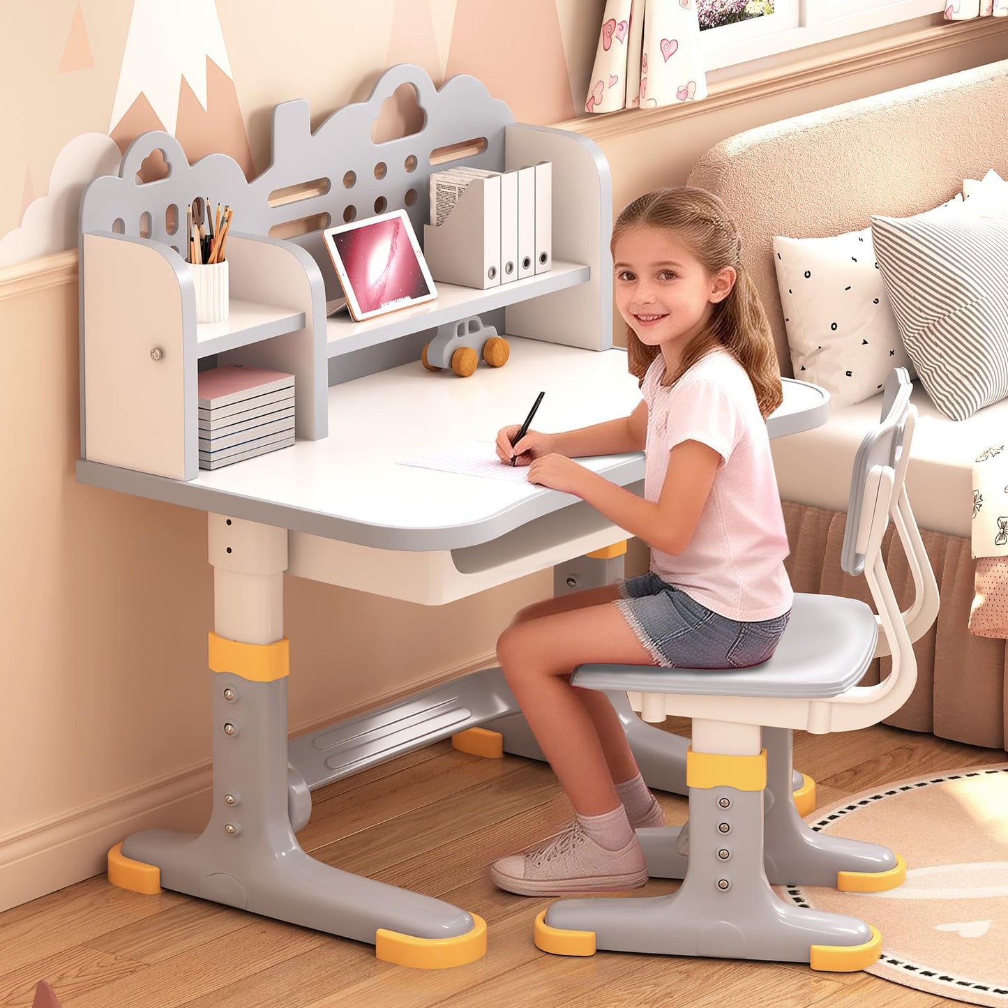 Kids Study Desk and Chair Set - Height Adjustable Study Writing Table with Bookstand and Storage Drawer, Child School Study Writing Table Ergonomic Widened Desktop Art Desk for Boy & Girl (Grey)