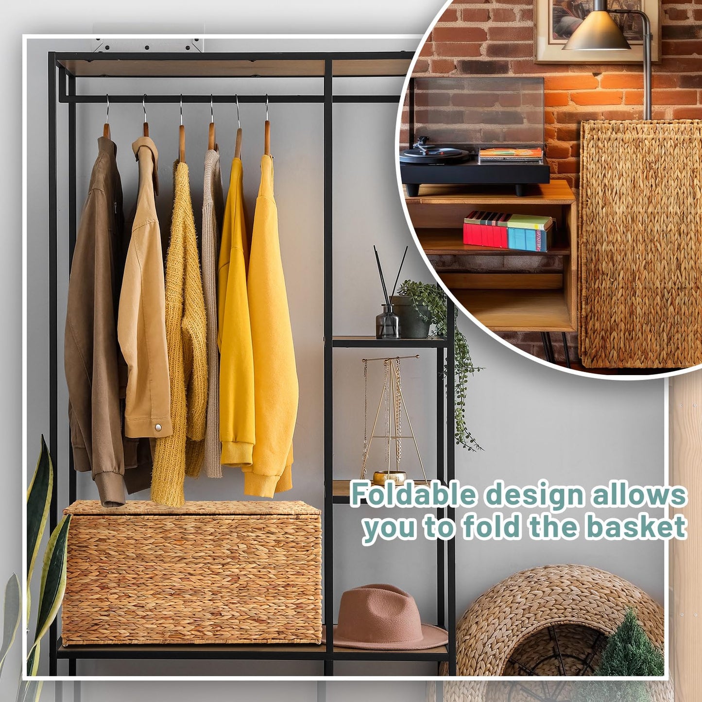 Wonderjune 36 x 20 x 18.5 Inch Water Hyacinth Wicker Storage Trunk with Metal Frame, Heavy Duty Storage Chest with Lid Large Rattan Basket for Blankets, Seasonal Clothes, Extra Bedding (Natural)