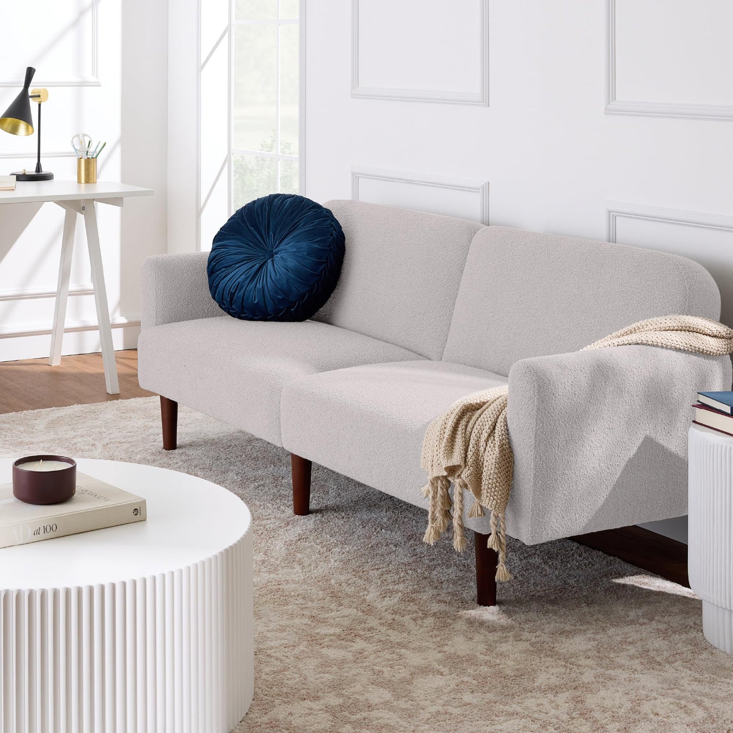 Best Choice Products 77" Mid Century Modern Boucle Loveseat Sofa, Couch, Convertible Sofa Sleeper Bed w/Real Wood, Removable Armrest - Frost Gray