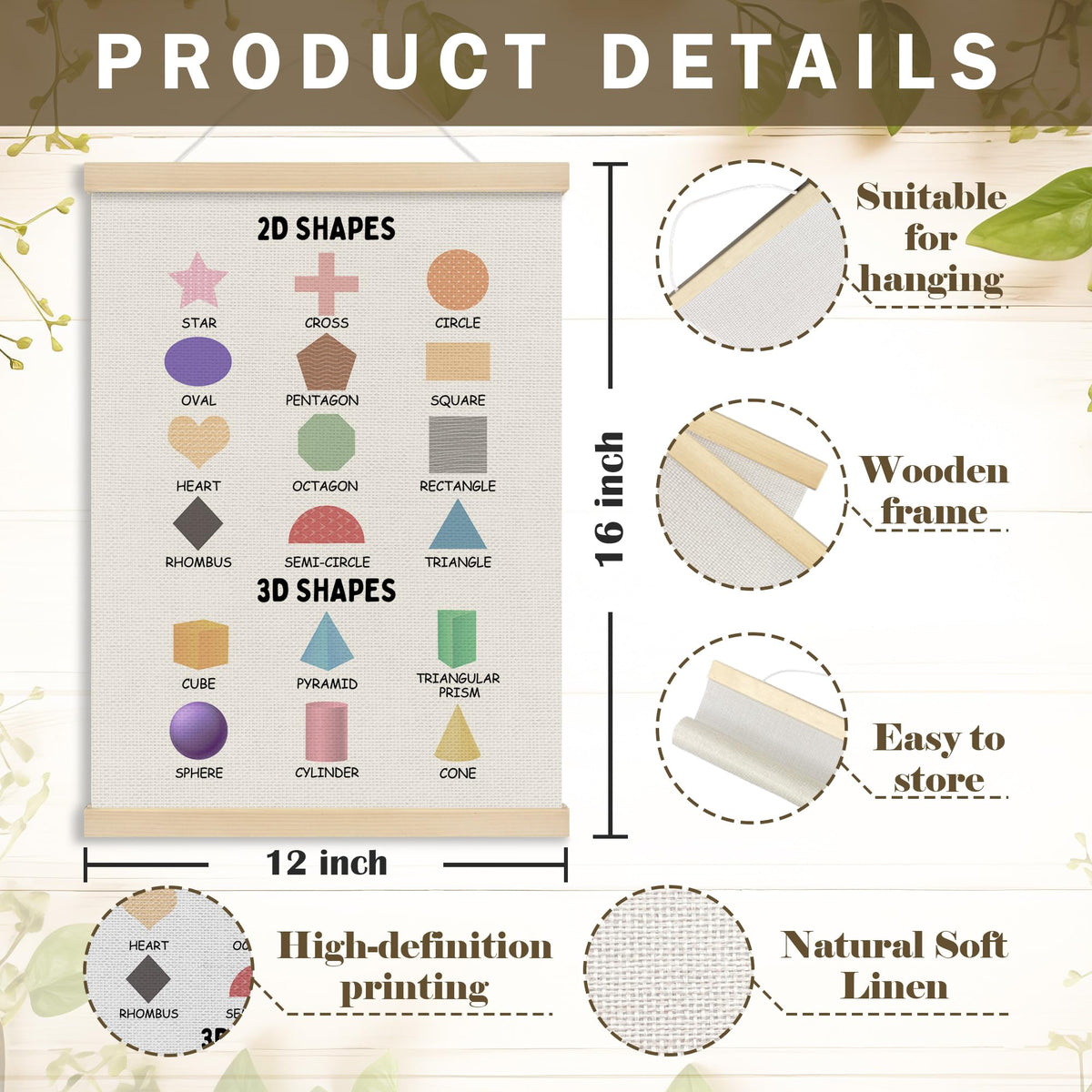 MOTERMATE 2D 3D Shapes Classroom Wall Art Poster for Teaching, Boho Toddler Room Decor, Learning Educational Poster Hanger Frame for Toddlers, Preschool Playroom Wall Hanging Banner Decor,12x16 Inch