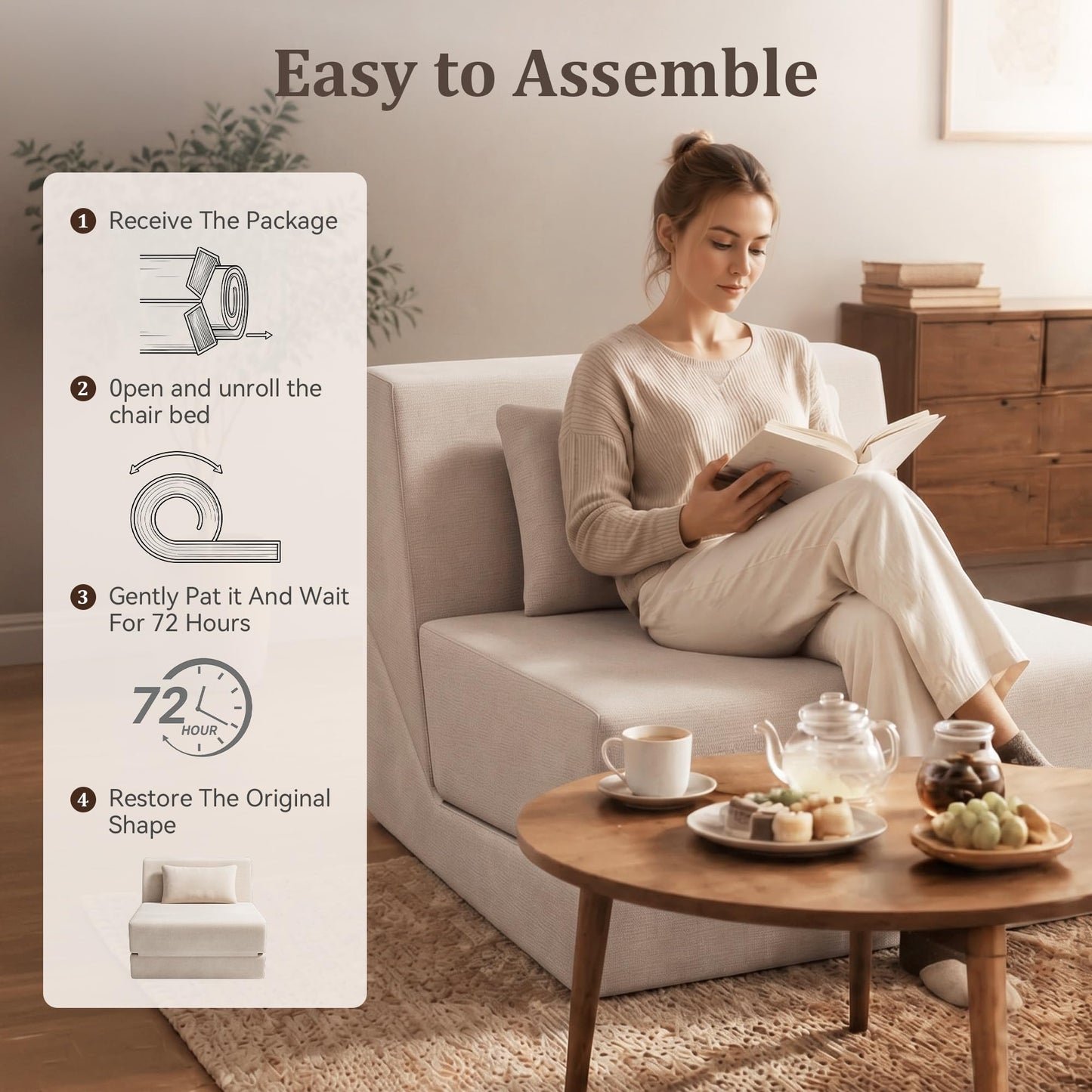 KAPEETOO Fold Out Chair Bed, Folding Sofa Bed, 3 in 1 Convertible Sleeper Chair Bed for Nap, Transformable Sofa Bed for Apartment,Dormitory,Bedroom
