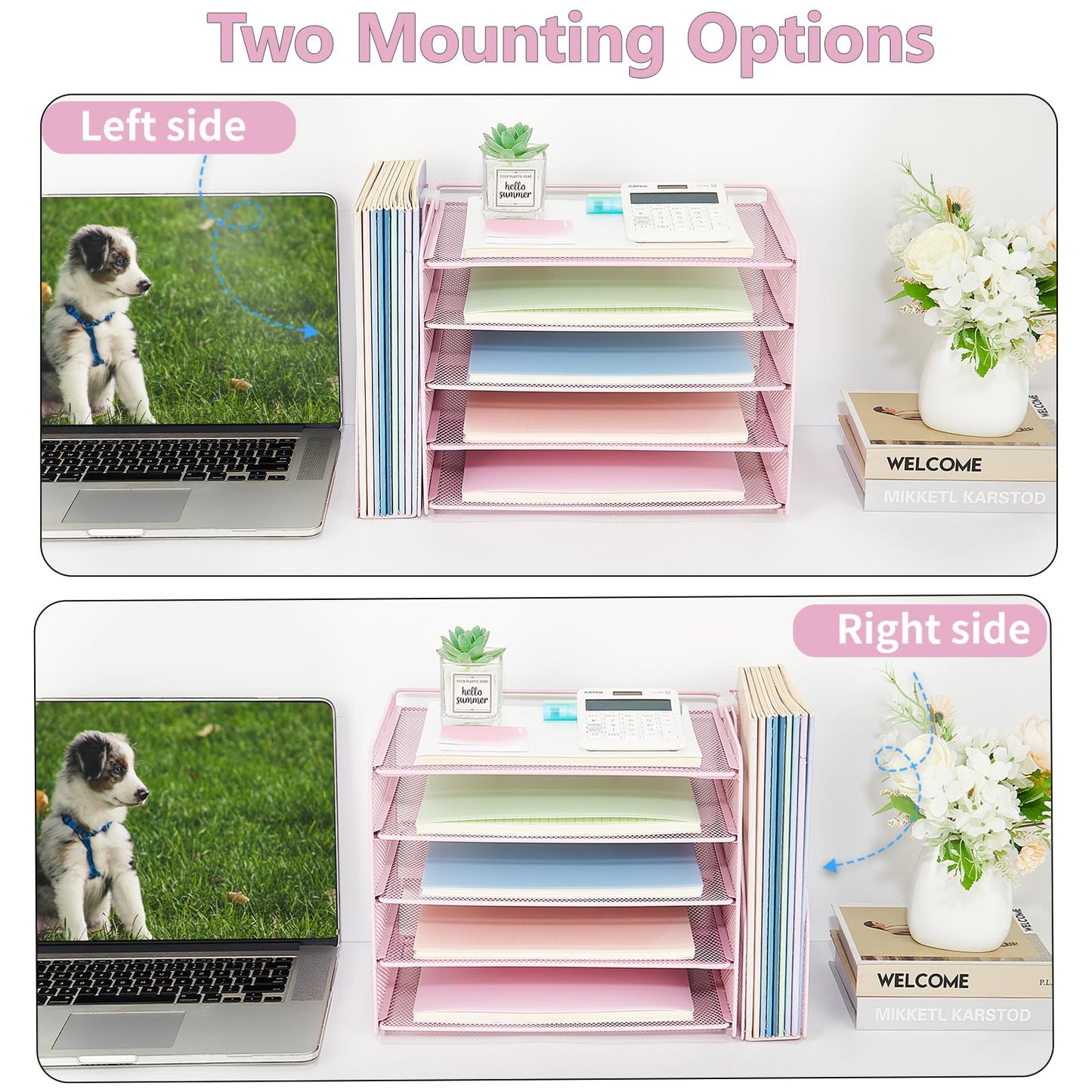 OPNICE Desk Organizer, 5-Tier Paper Organizer Letter Tray with Magazine Holder, Office Desk Accessories & Workspace Organizers, Desktop File Organizer for Office Supplies Storage, Pink