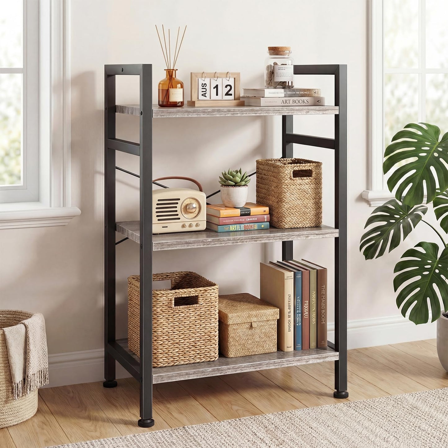DUMOS 3 Tiers Open Bookshelf, Classic Freestanding Tall Display Shelf, Multifunctional Storage Organizer Rack for Living Room Home Office, Sturdy Bookcase for CDs/Books/Movies, Wood Grey