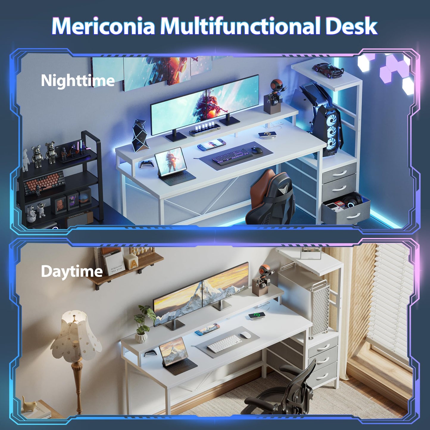 Mericonia 60 inch Gaming Desk with LED Lights & Power Outlets, Reversible Computer Desk with Storage Drawers & Monitor Stand, Large Gaming Table for Home Office