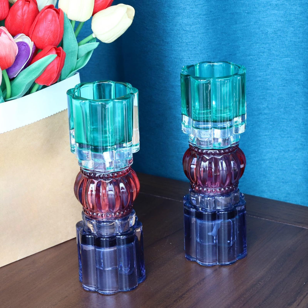 VOHO Tealight Candle Holder Jazzy Glass Mix, Modern Tall Votive Candle Holders for Home Decor, Pair of Fluted Tea Lights Candle Holder Centerpiece Table Decorations(7.87x2.75 in W/H, Shades of Blue)