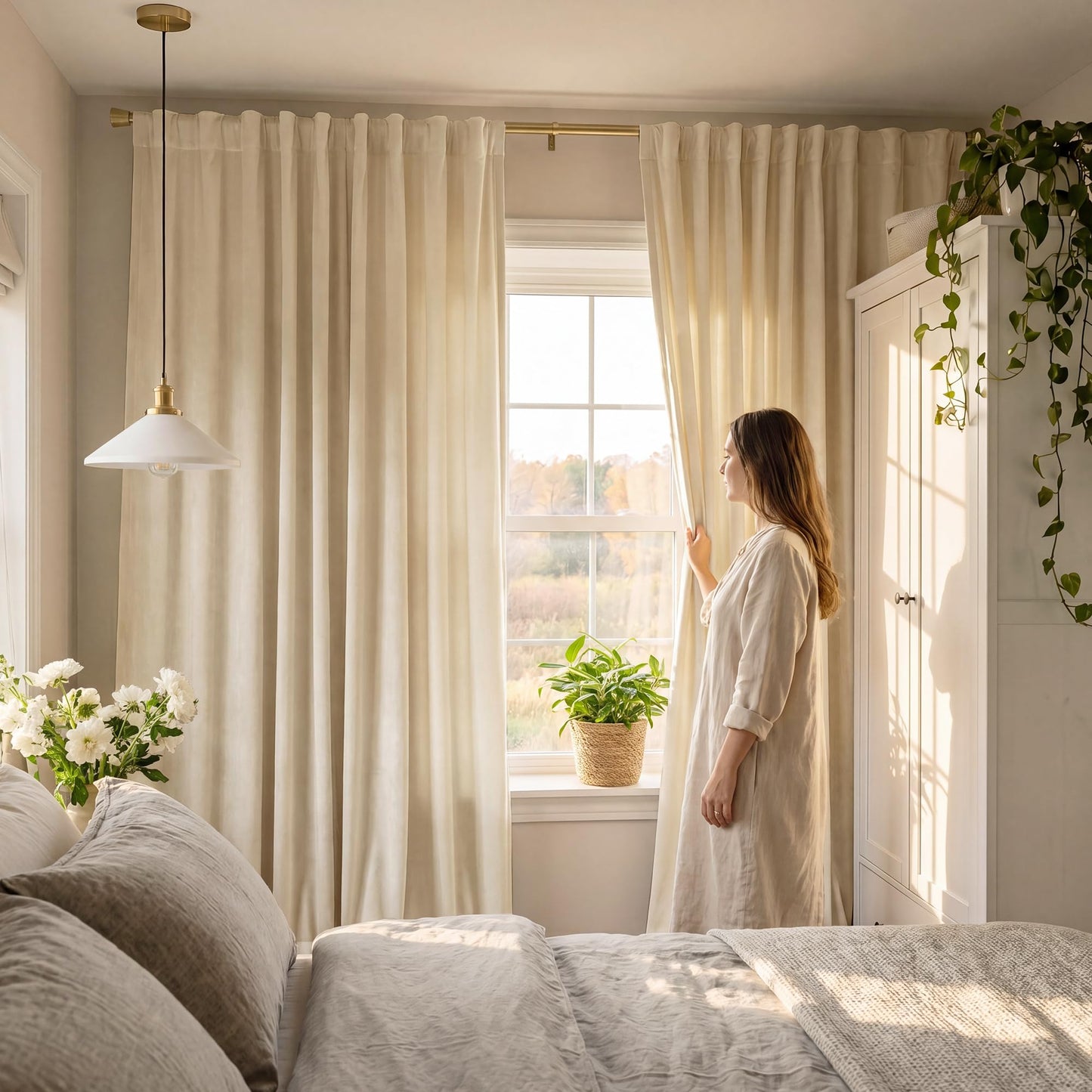StangH Beige Velvet Curtains Rustic Decor for Living Room, Solid Plush Window Covering Panels Light Dimming for Bedroom Tall Curtains & Drapes Energy Efficient for Villa, W52 x L108, 2 Panels