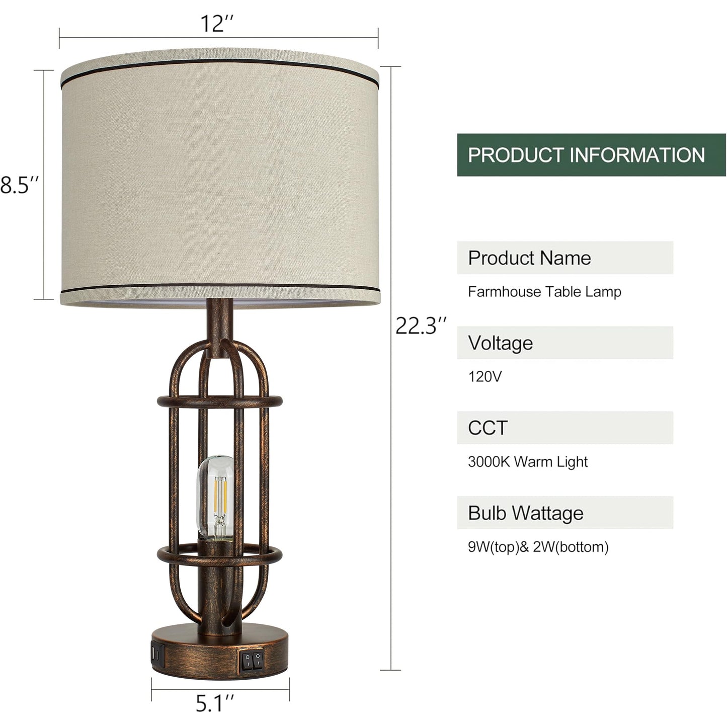 Reaketon Table Lamps for Living Room Set of 2, 22.3" Farmhouse Lamps for Nightstand, Industrial Table Lamps for Bedroom with USB Ports, Retro Bronze