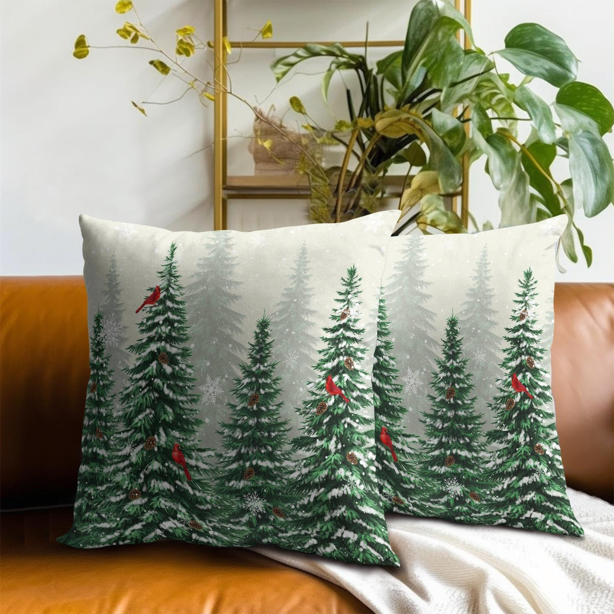 Winter Cardinal Bird Pillow Covers 16x16 Inch,Christmas Pine Tree Throw Pillow Covers Snow Forest Green Trees Cushion Cover Set of 2 Soft Cotton Pillow Cases Square for Home Sofa Living Room Decor