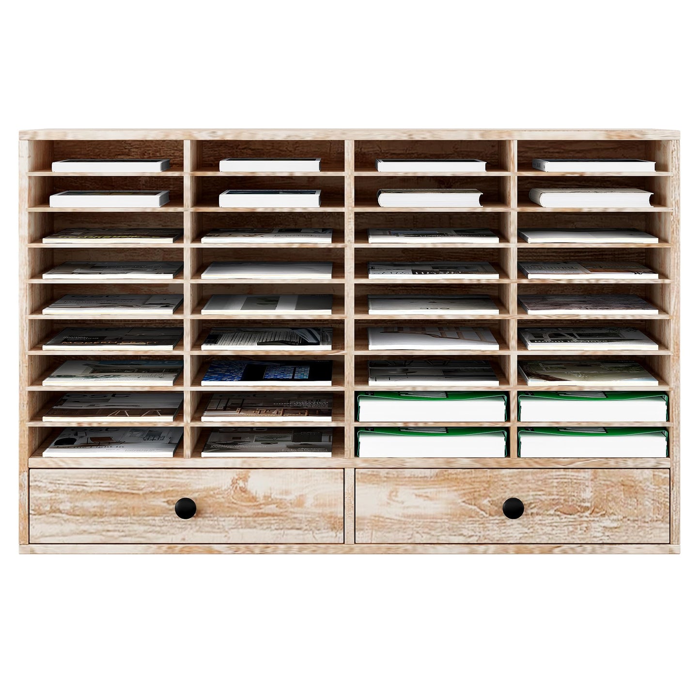TQAVI Wood Classroom Mailbox 36 Compartments with 2 Drawer, Large Paper Organizer with Adjustable Shelves to Sorting Literature Bill, A4 Size File Organizer for Office School Home, Retro White