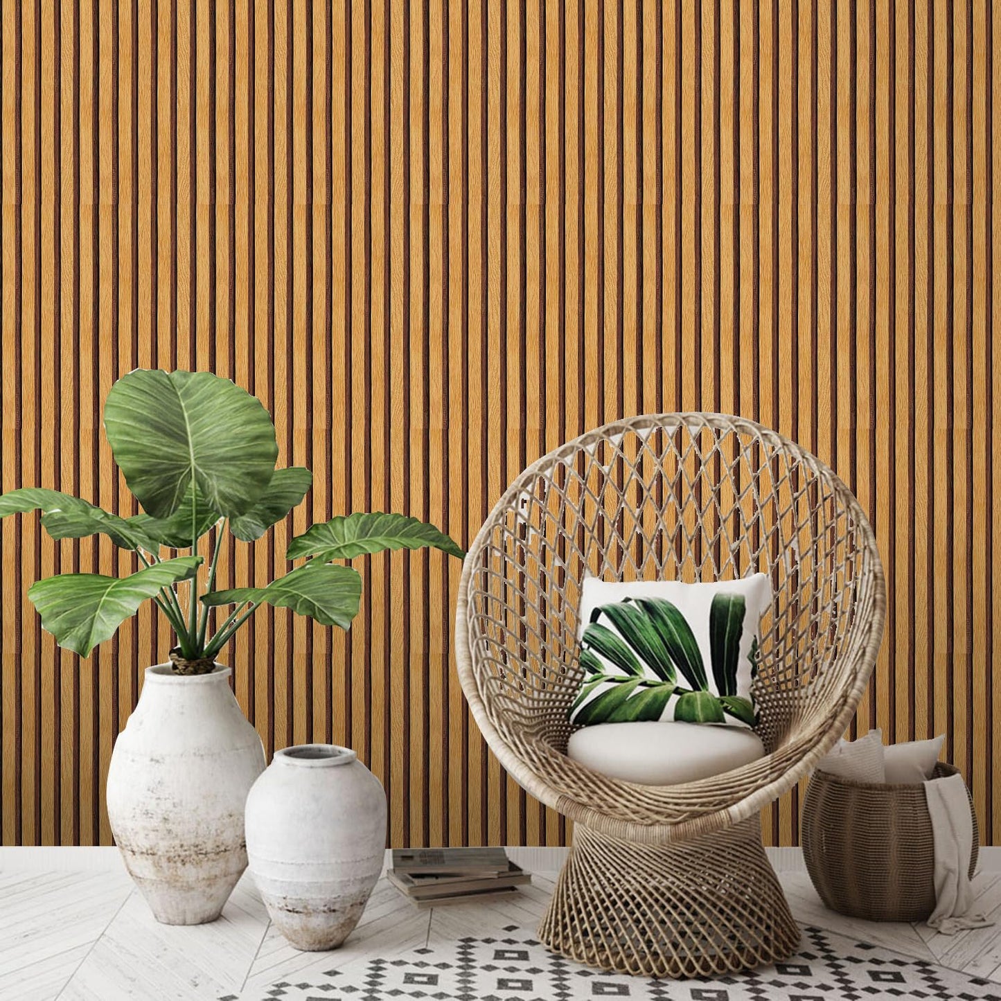 Mfnyzsem Wood Slat Wallpaper - 17.7"x118.1" Self-Adhesive Faux Wood Panel Peel and Stick Wallpaper Waterproof Vinyl Removable Wall Paper for Bathroom Living Room Bedroom Accent Wall, Tan