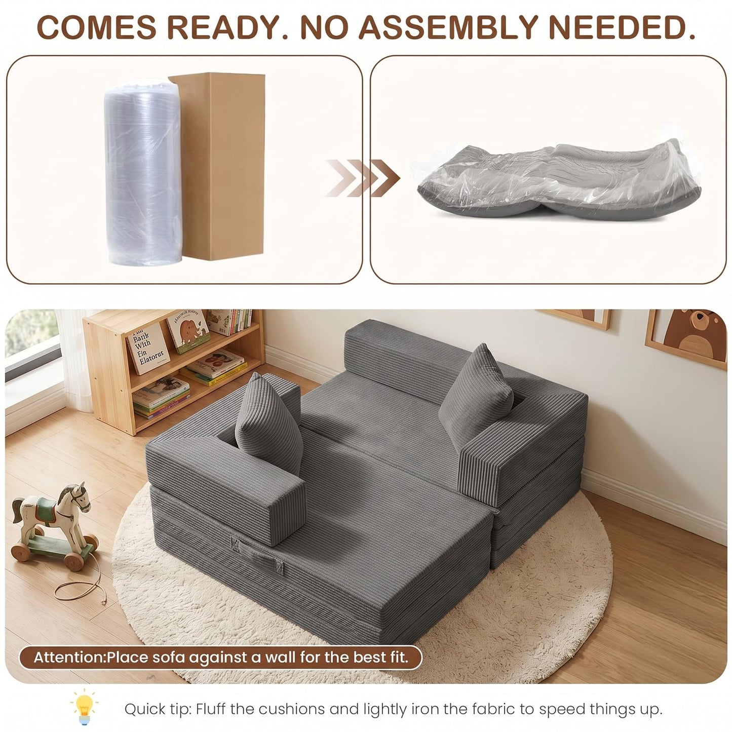 65'' L Shaped Couches for Living Room, Cloud Sectional Couch, Boneless Couch with Deep Seat Left Facing Chaise, Mini Modular Sectional 3 Seater Sofa for Apartment Furniture, No Assembly Needed, Grey