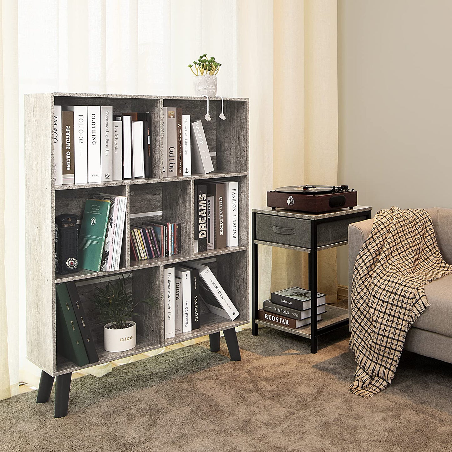 LEYAOYAO Bookshelf Cube Storage Organizer,3 Tier Bookcase with Legs,Modern Wood Open Shelf,Dirty Grey Bookshelves,Free Standing Display Short Book Shelves for Narrow Space,Bedroom,Living Room,Office